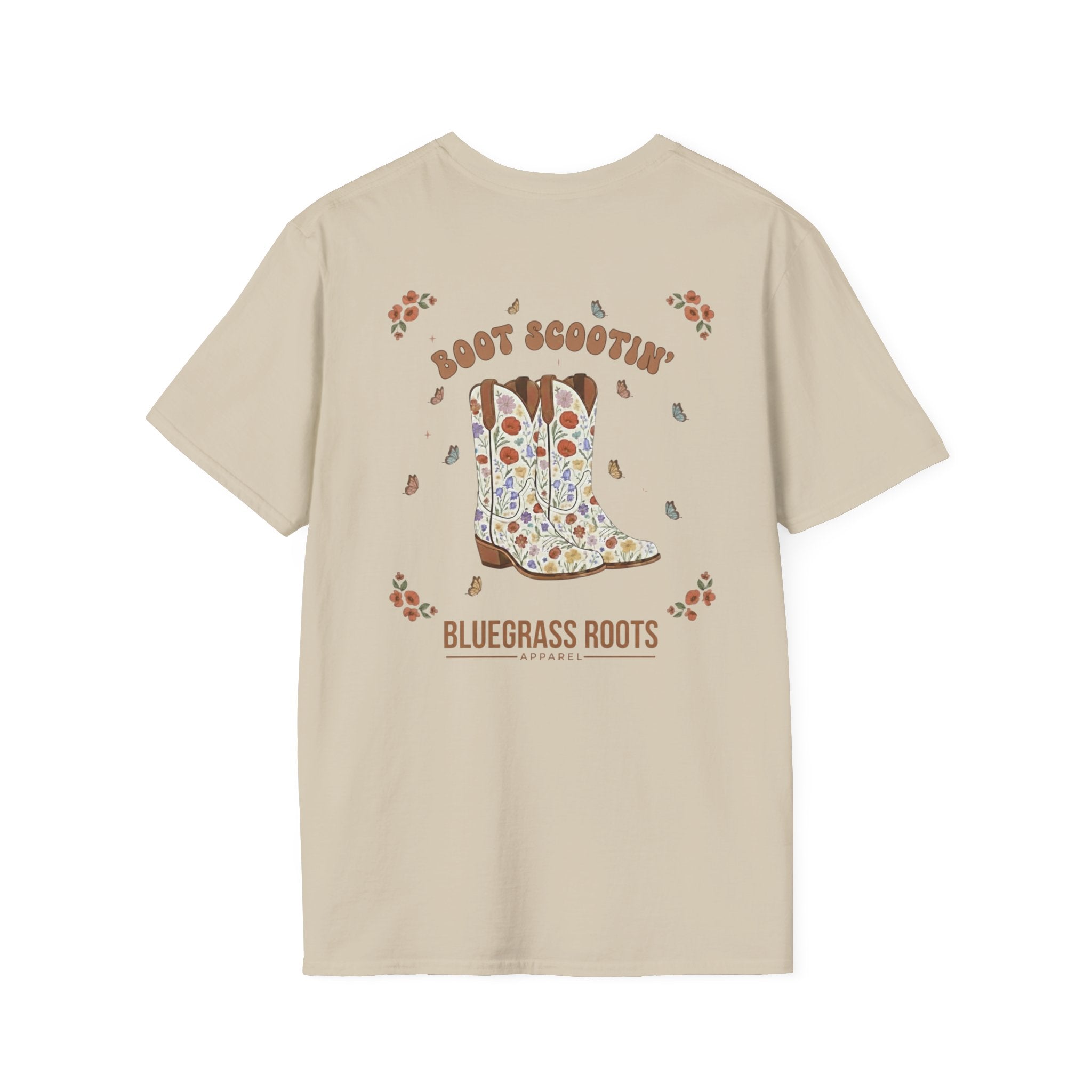 Beige t-shirt with a graphic of a cowboy boot and text on the back, on a white background