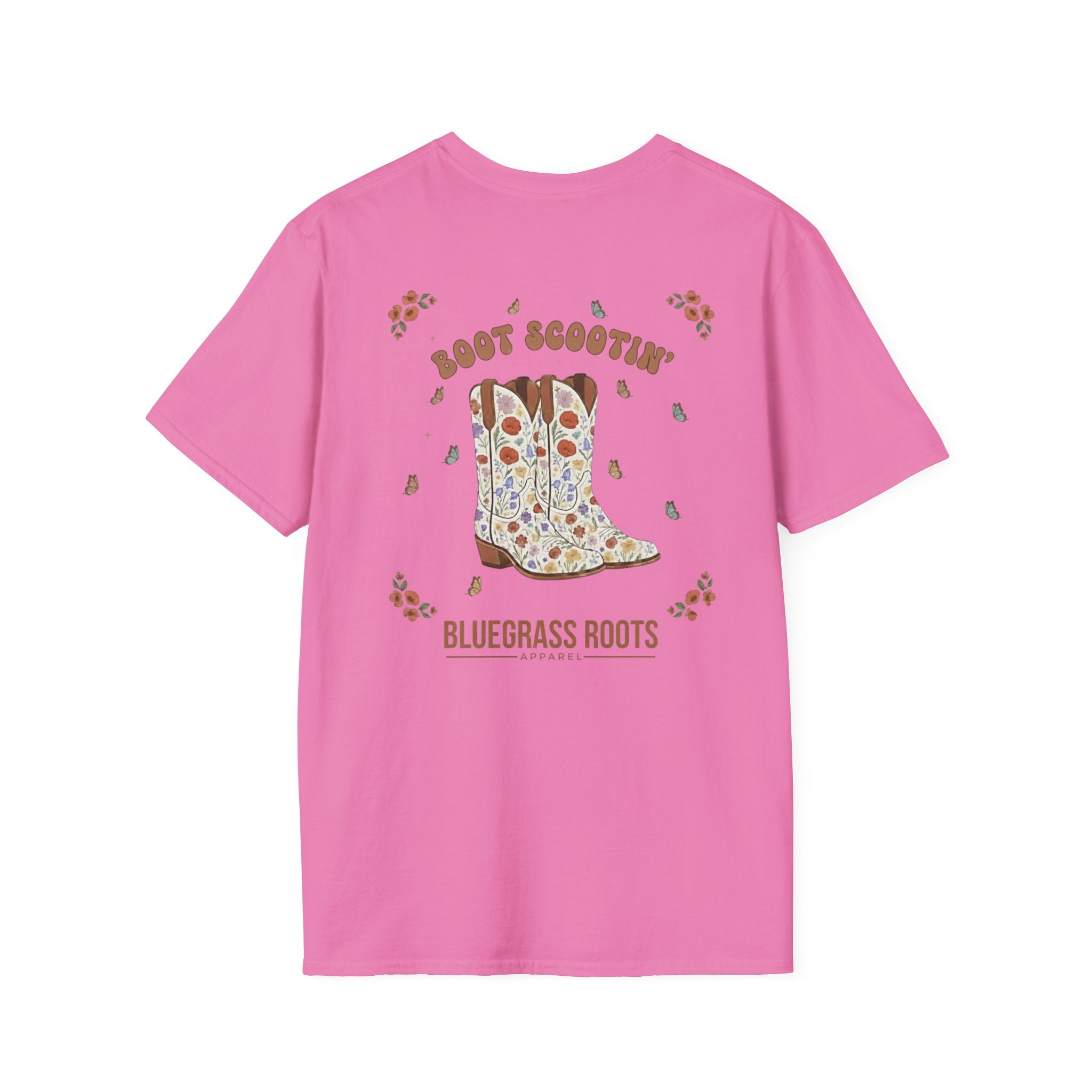 Pink t-shirt with a cowboy boot graphic and text on a white background