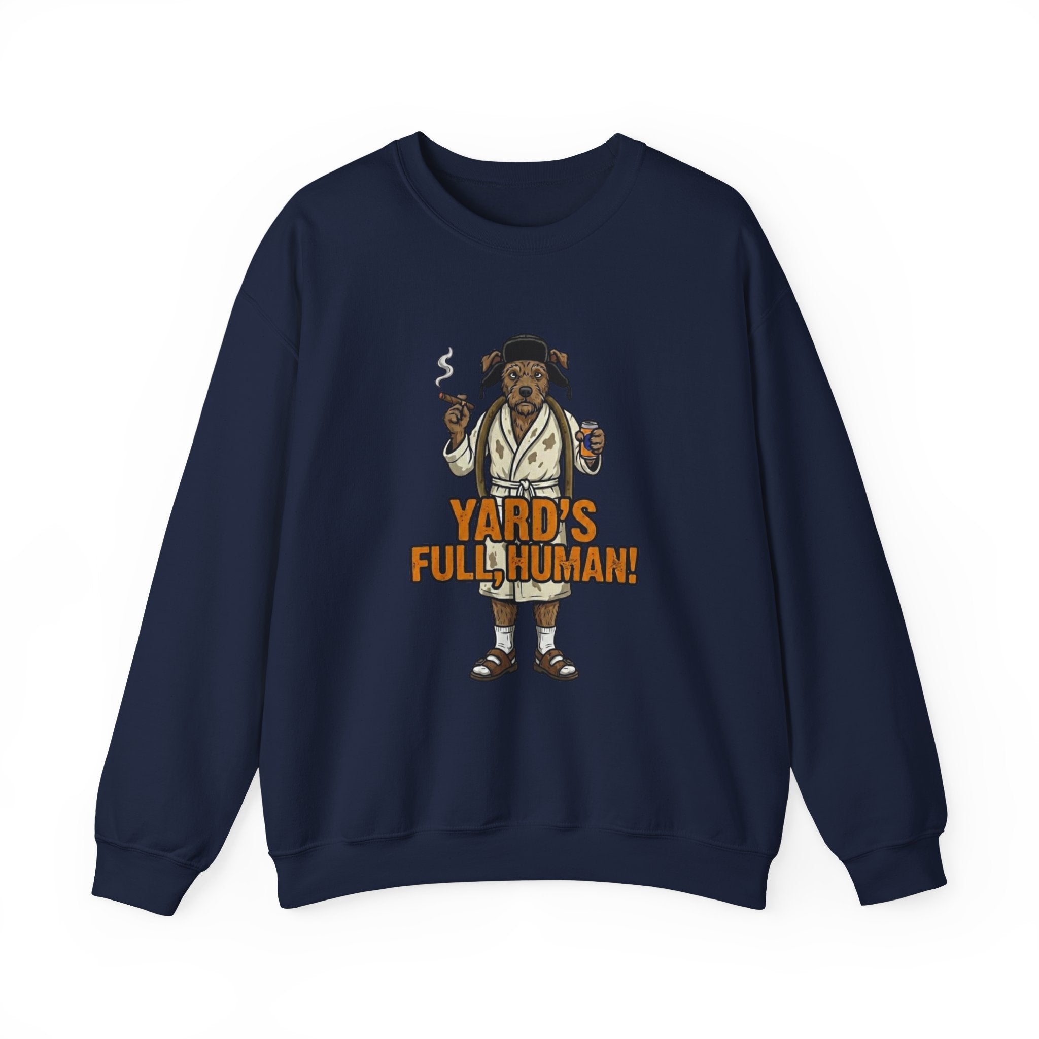 Navy blue sweatshirt with a graphic of a bear and text on a white background