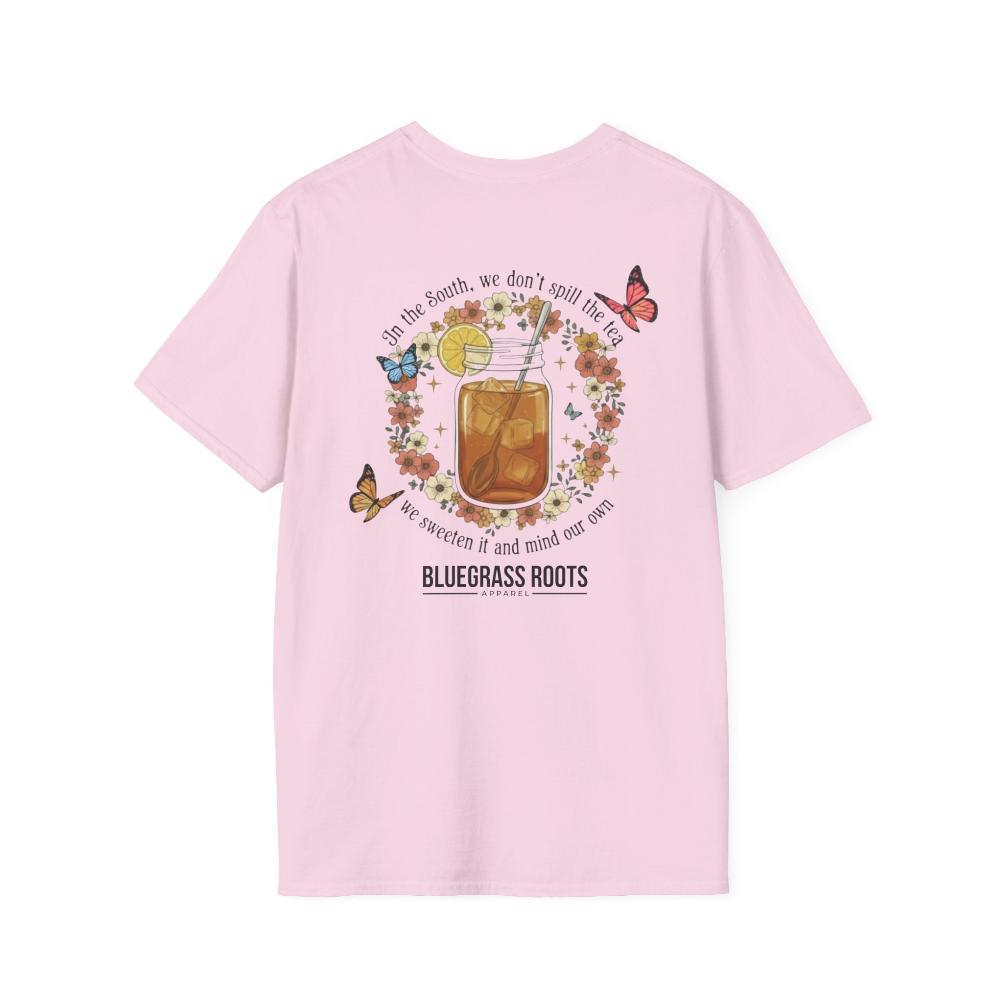 Pink t-shirt with a graphic design on the back featuring a glass of lemonade, flowers, and butterflies.