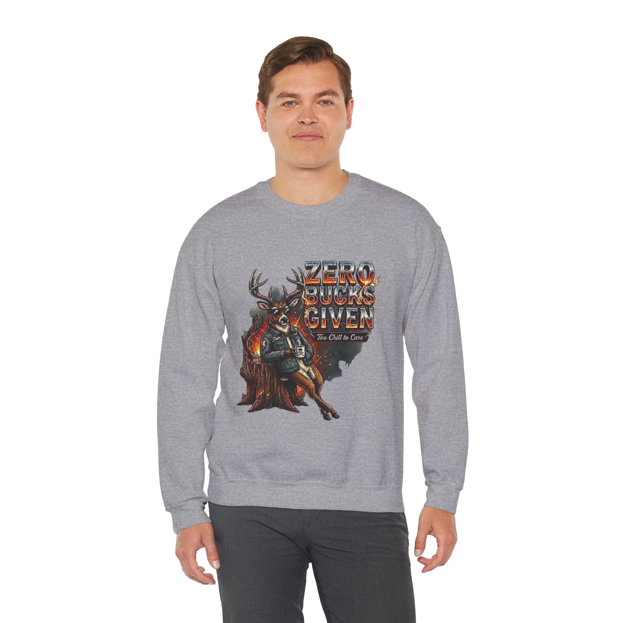 Person wearing a gray sweatshirt with a graphic design on a white background