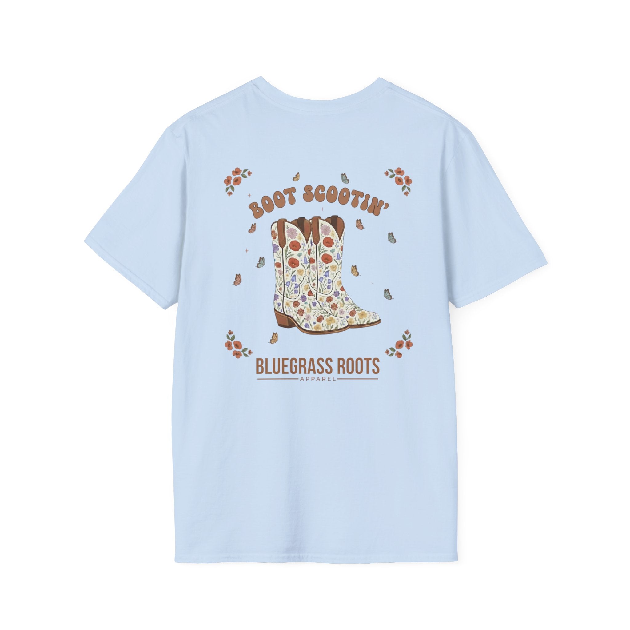 Light blue t-shirt with a cowboy boot graphic and text on the back, on a white background