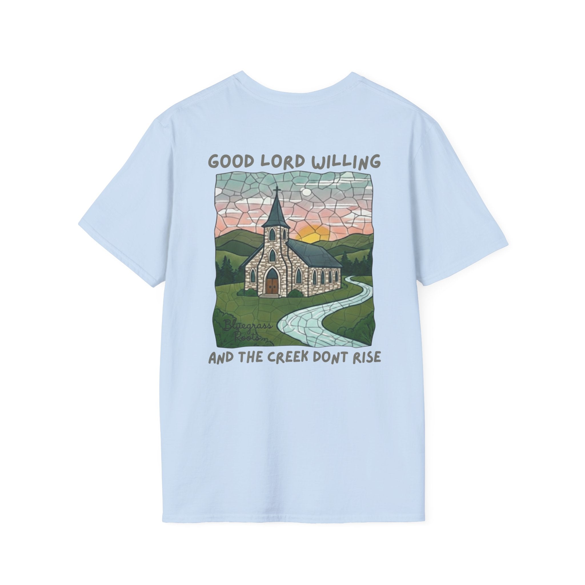 Light blue t-shirt with a graphic design of a church and landscape on the back, on a white background.
