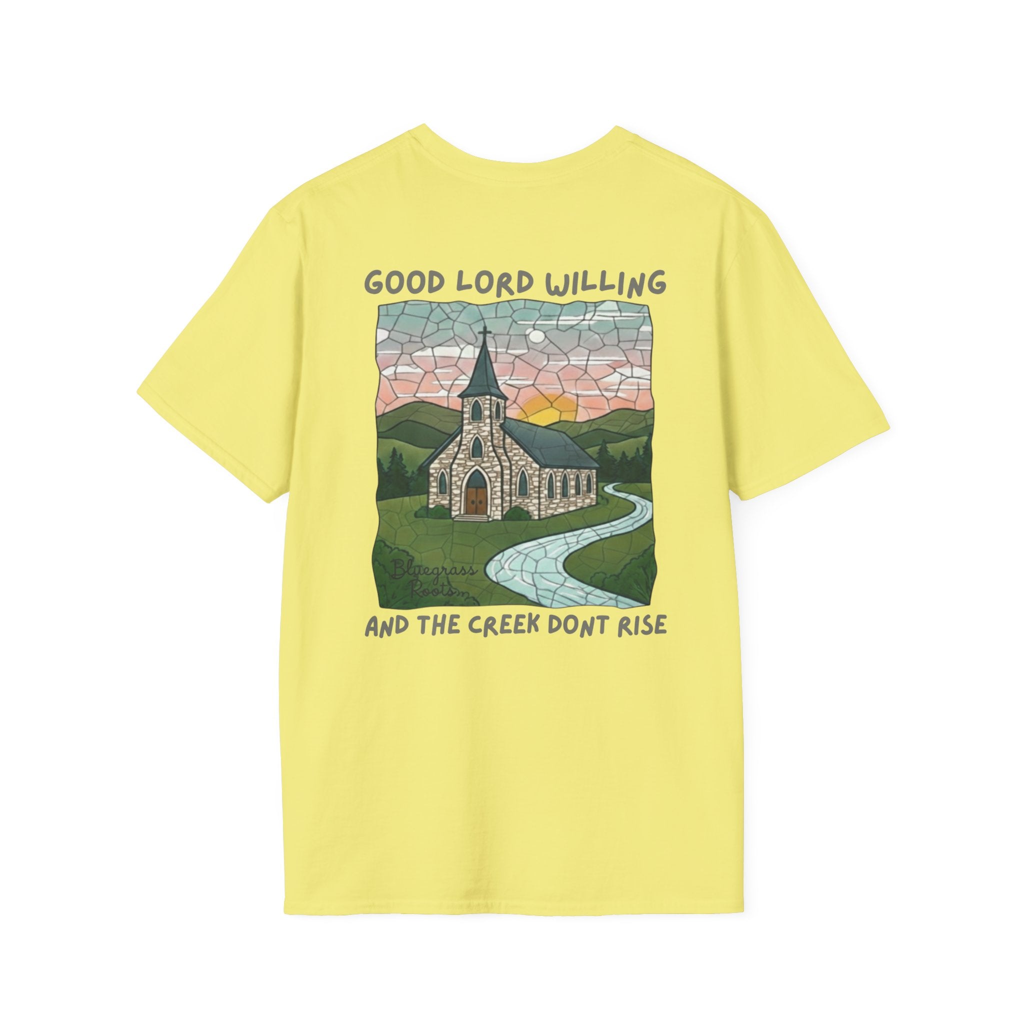 Yellow t-shirt with a graphic design of a church and text on a white background