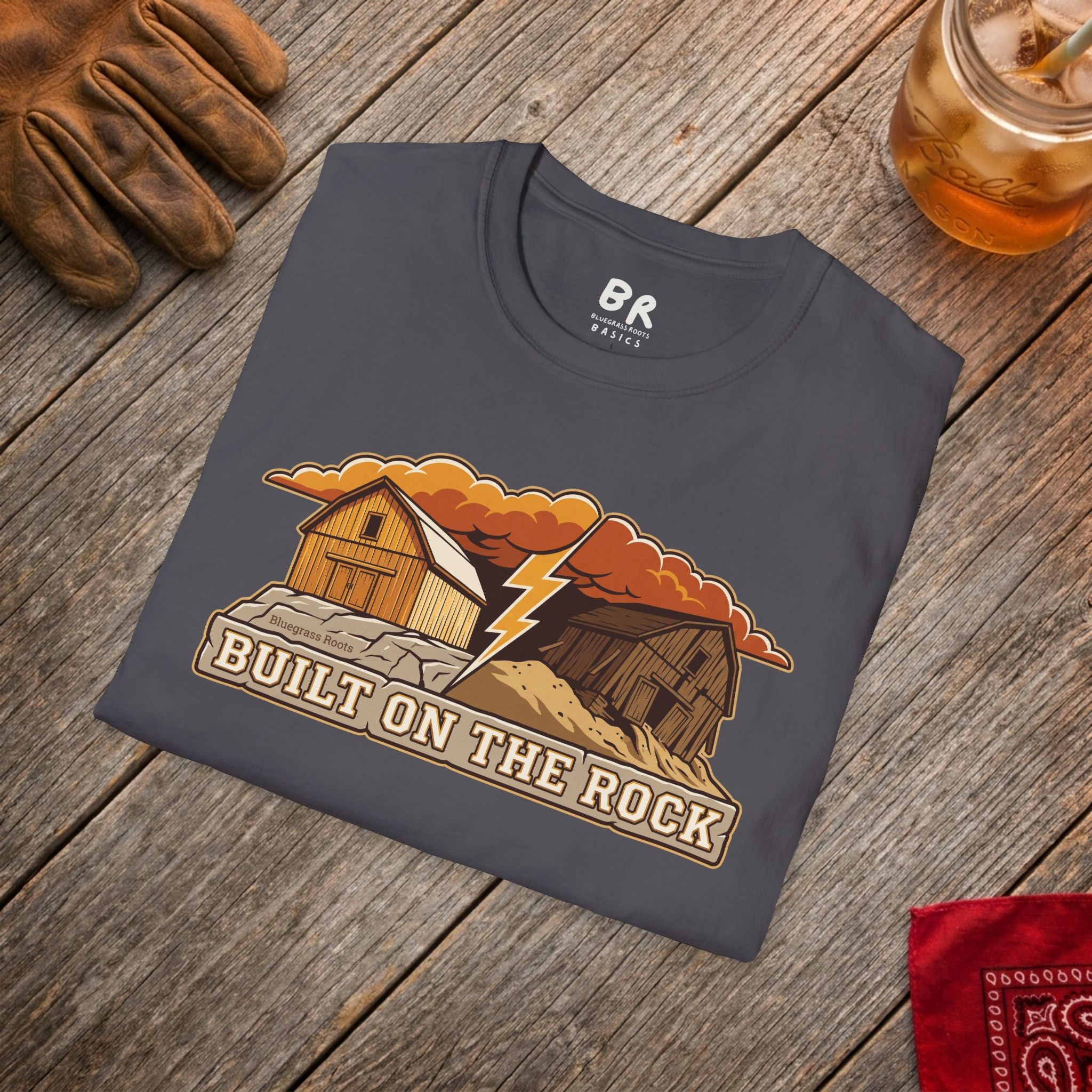 Built on the Rock christian shirt for men, Built on the Rock split barn parable design