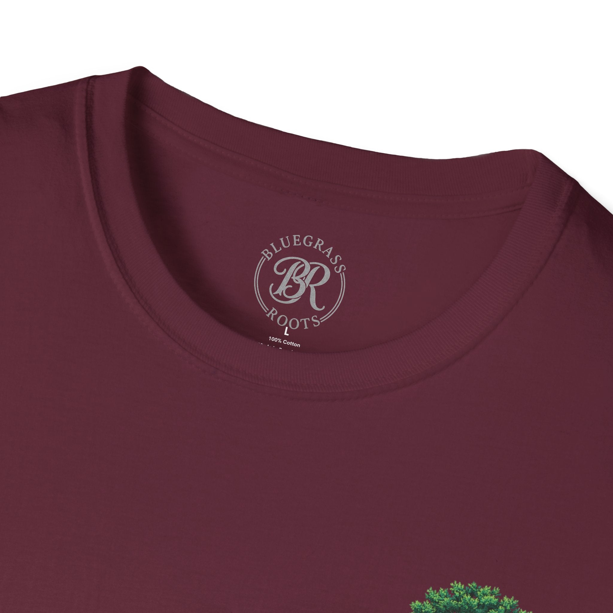 Maroon t-shirt with 'Bluegrass Roots' logo on a white background