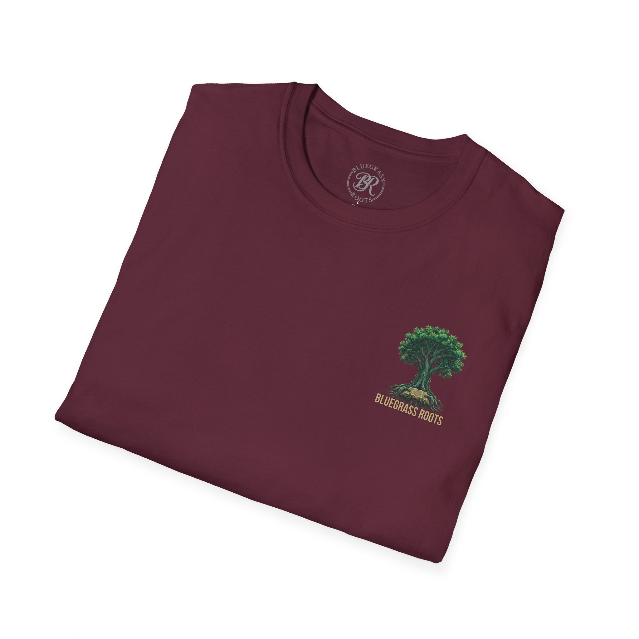 Folded maroon t-shirt with a tree graphic and text on a white background