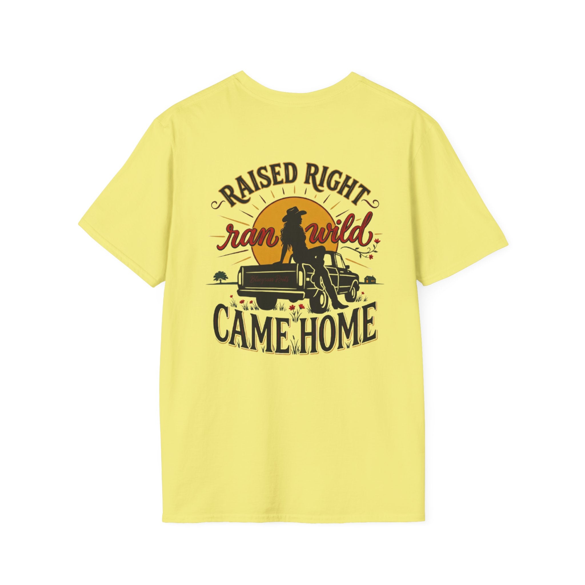 Bluegrass Roots Raised Right Ran Wild Came Home sunset tailgate tee back graphic in Cornsilk