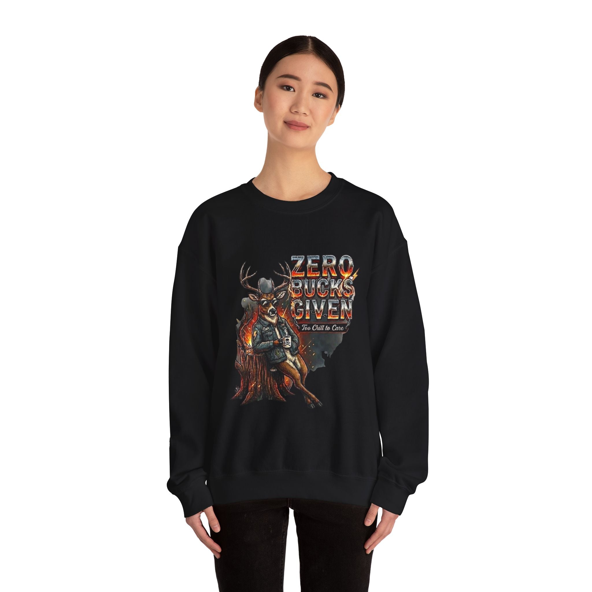 Person wearing a black sweatshirt with a graphic design on a white background