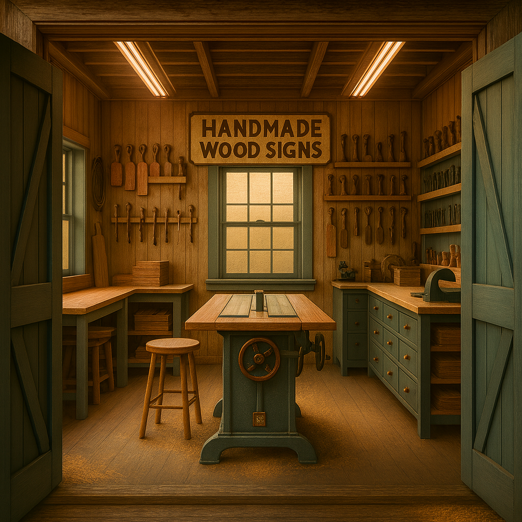 Bluegrass Gifts woodshop interior with teal barn doors, central table saw, handcrafted tools, and warm golden light, showcasing the artistry behind our handmade wooden signs and unique gifts.