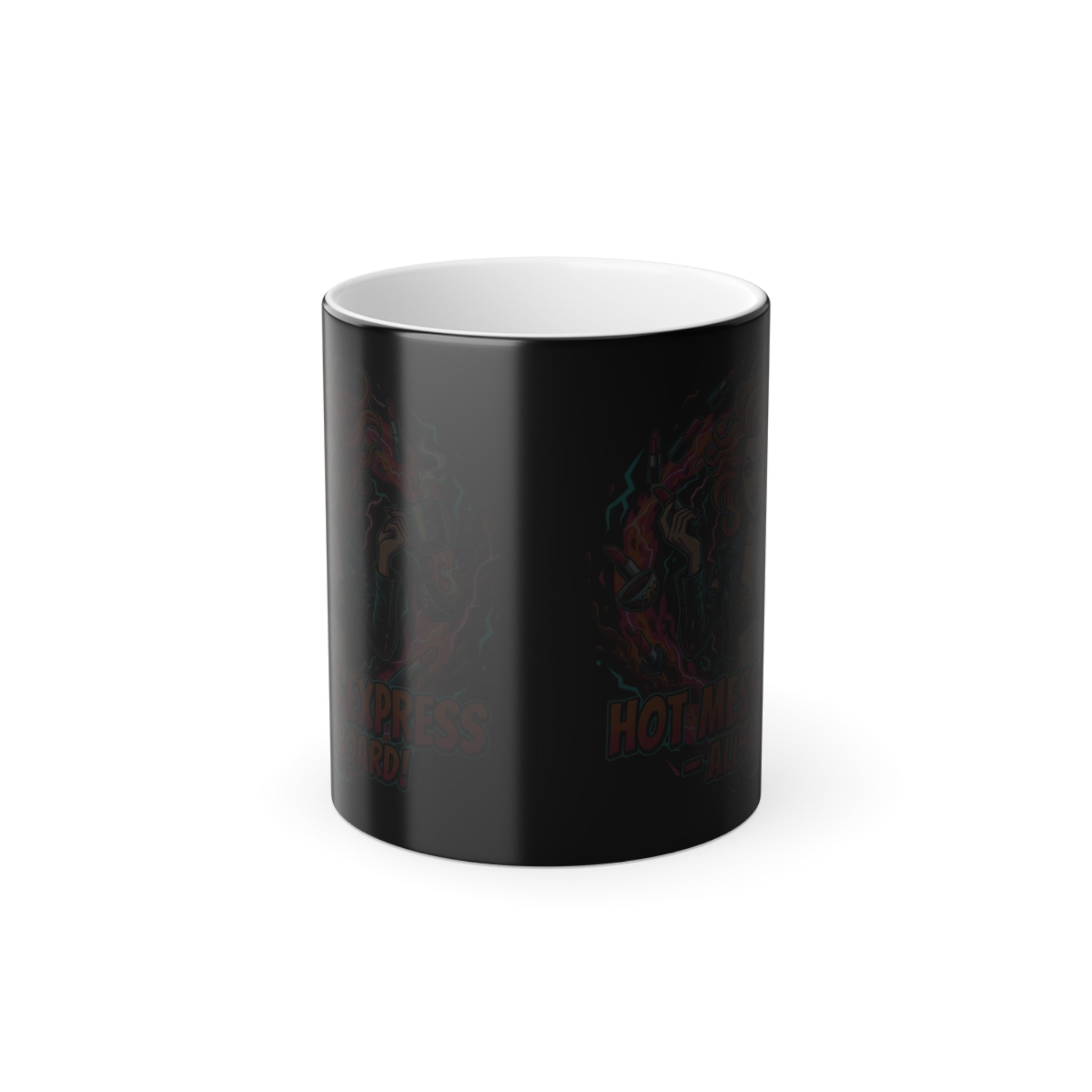 Black cylindrical container with red text on a white background