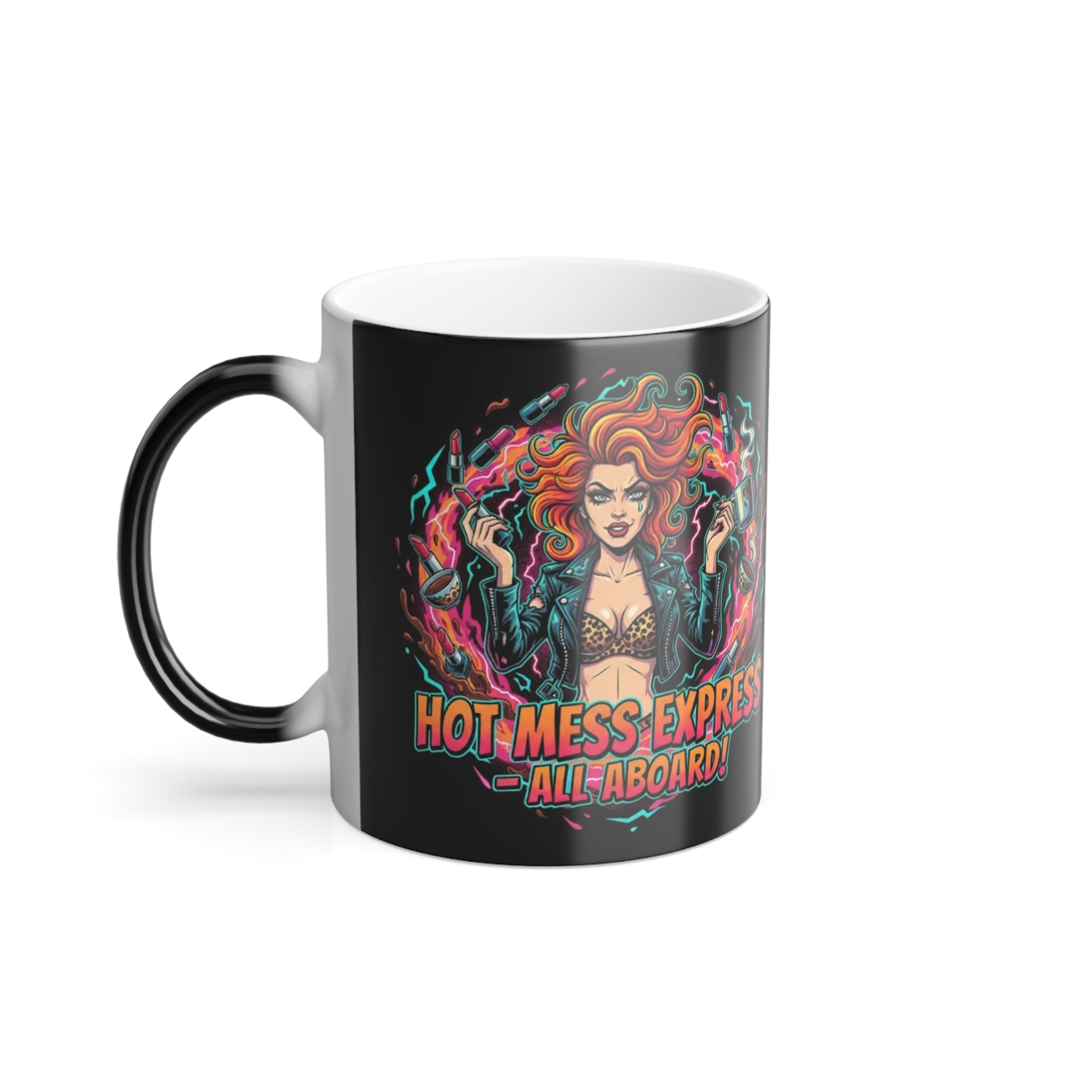Black mug with colorful design and text on a white background