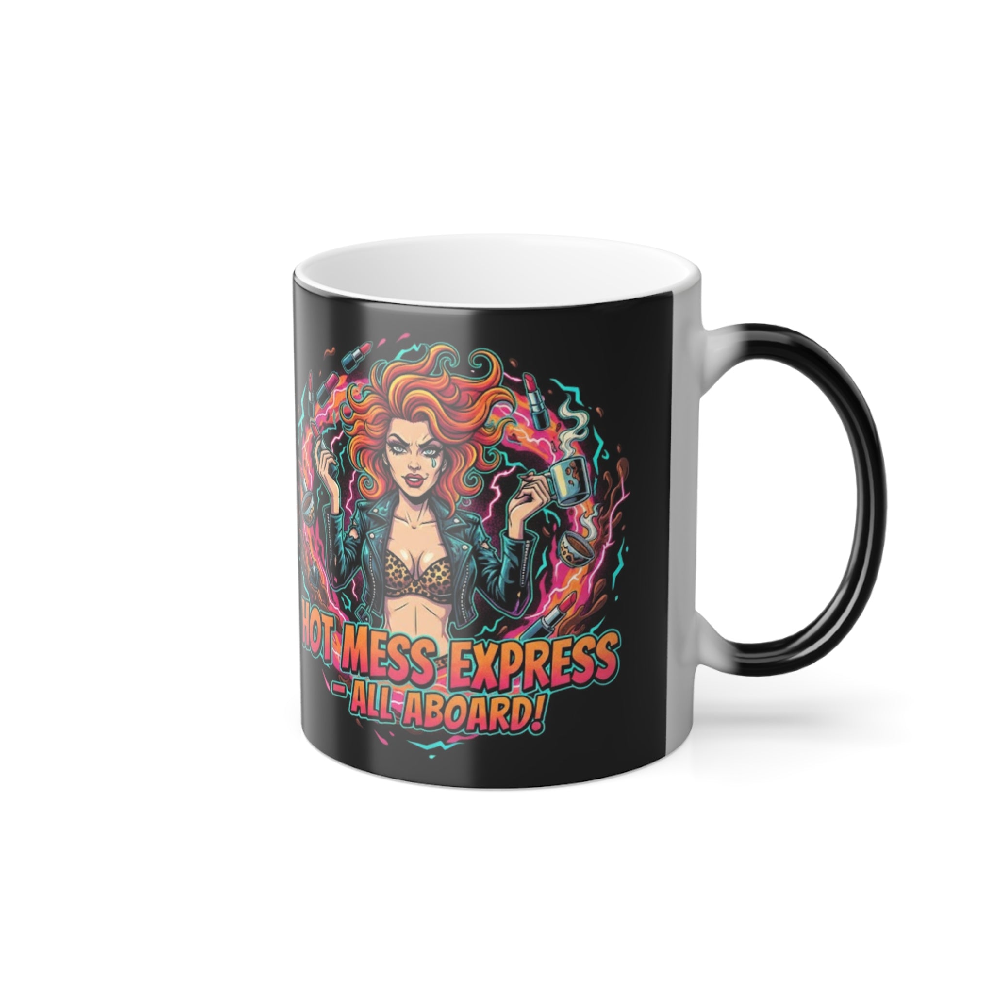 Black mug with colorful design of a woman and text 'Gloom & Glory Express All Aboard!' on a white background