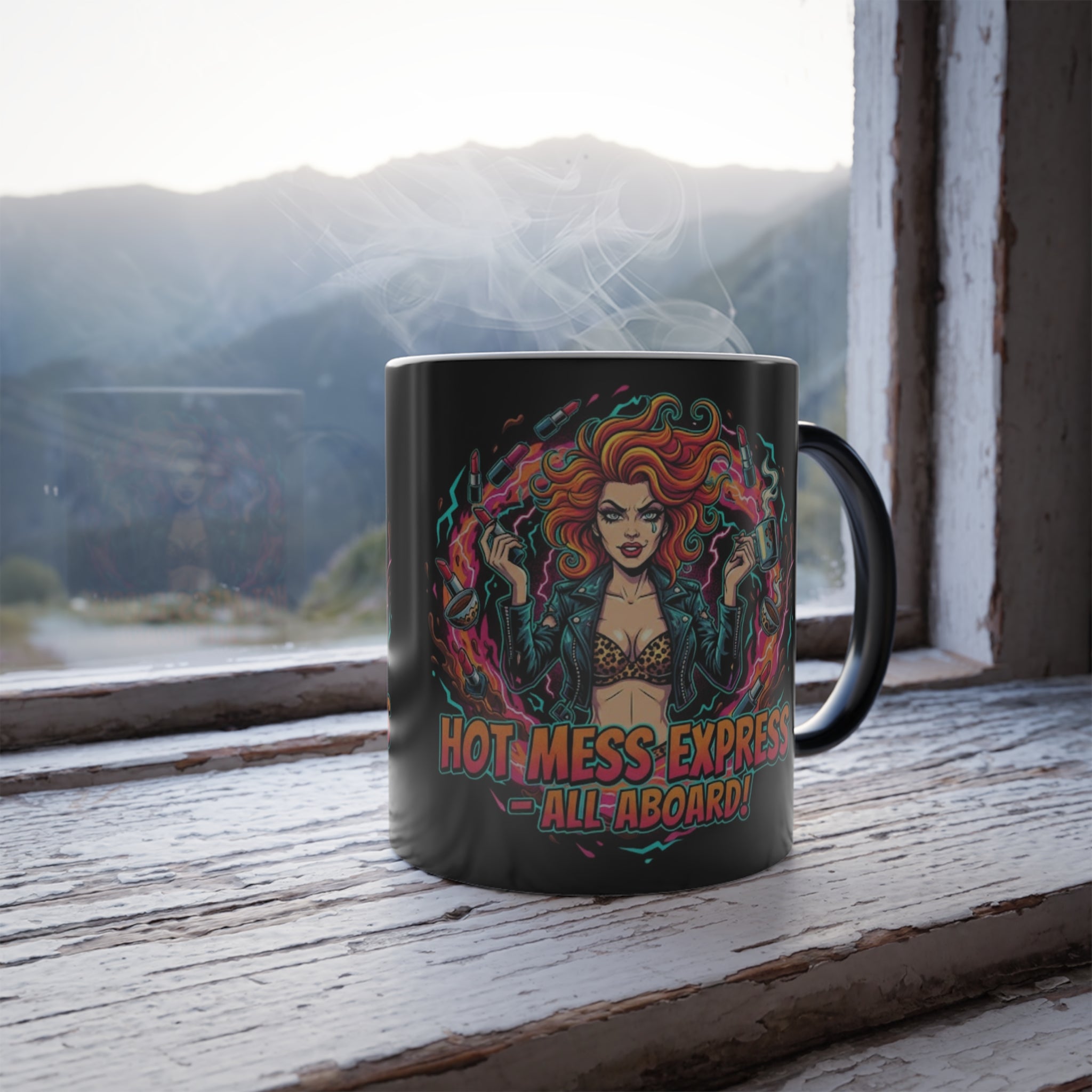 Black mug with colorful design of a woman and text 'Hot Mess Express All Aboard!' on a wooden surface with a mountain view.