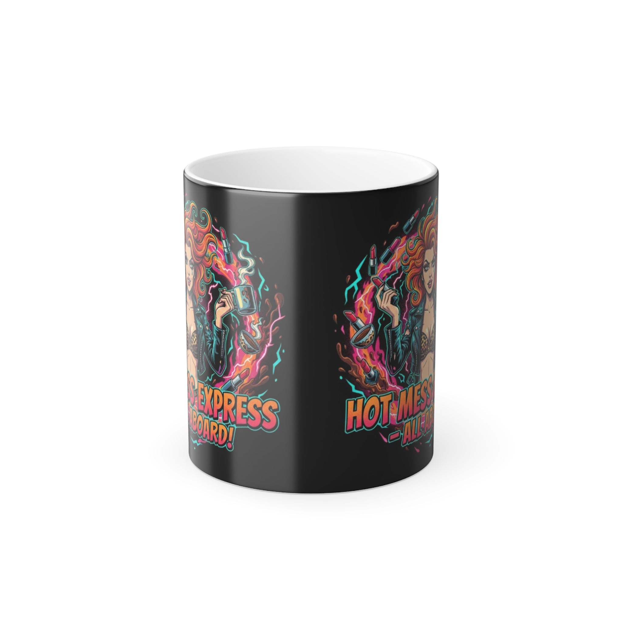 Black mug with colorful graphics and text on a white background