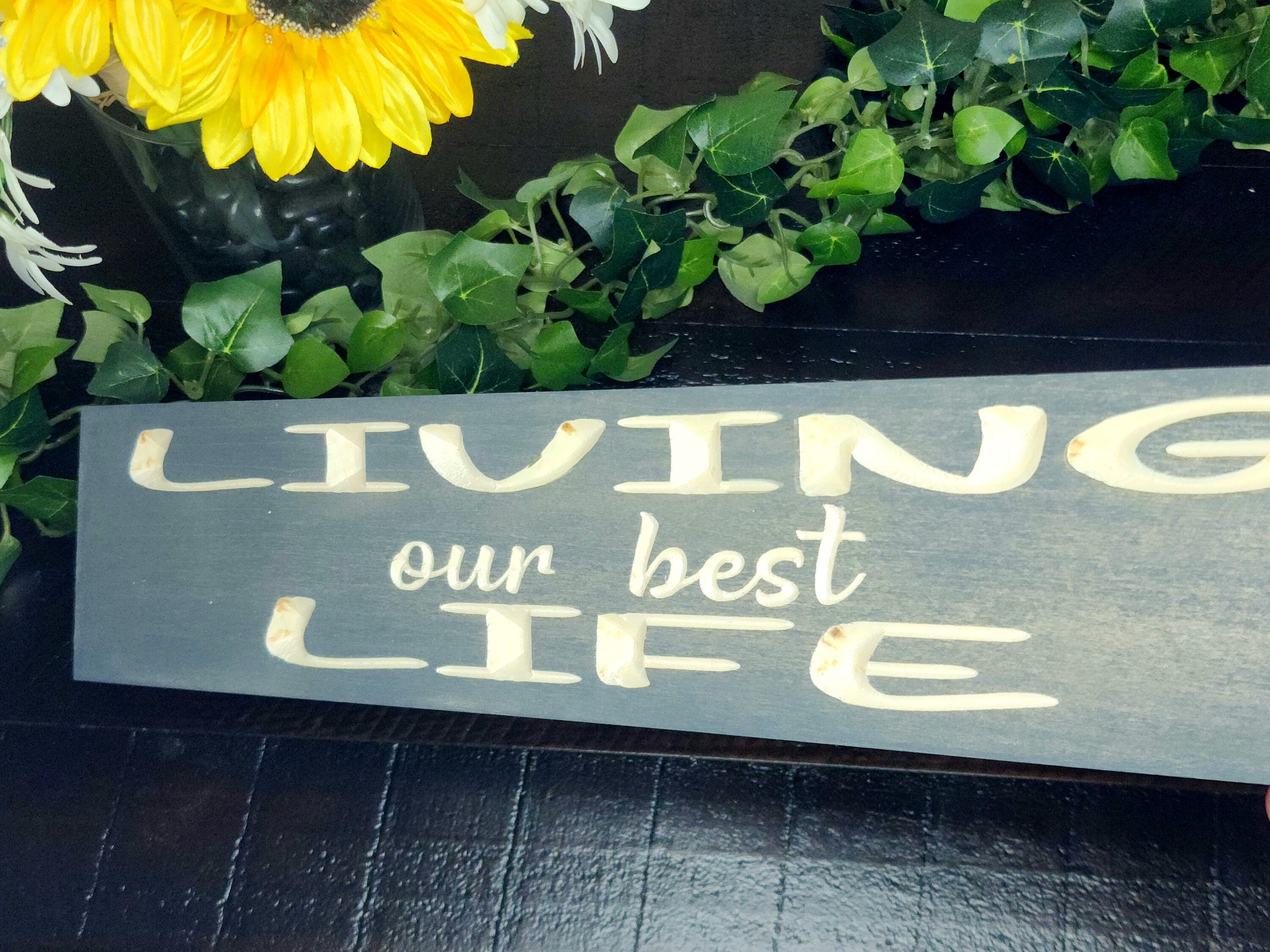 Custom living our best life wood sign for housewarming gifts and family spaces.
