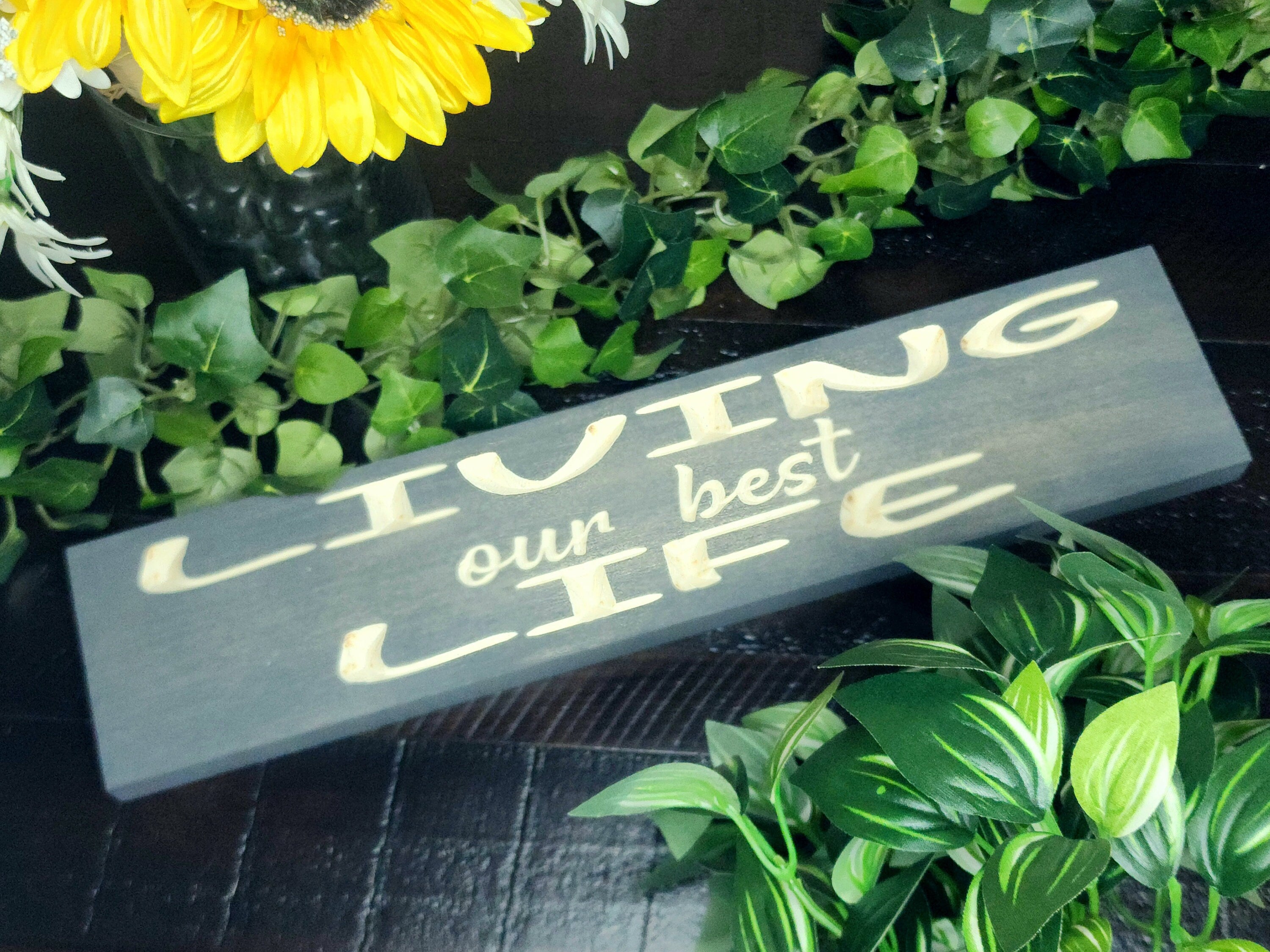 Living Our Best Life wooden sign for motivational wall art and gratitude decor.