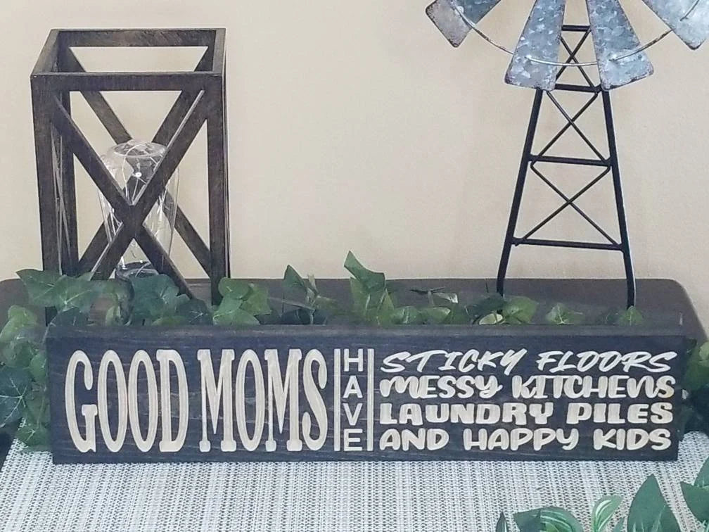 Messy kitchen sign, happy kids sign, humorous mom sign, parenting wall art, sticky floors sign.