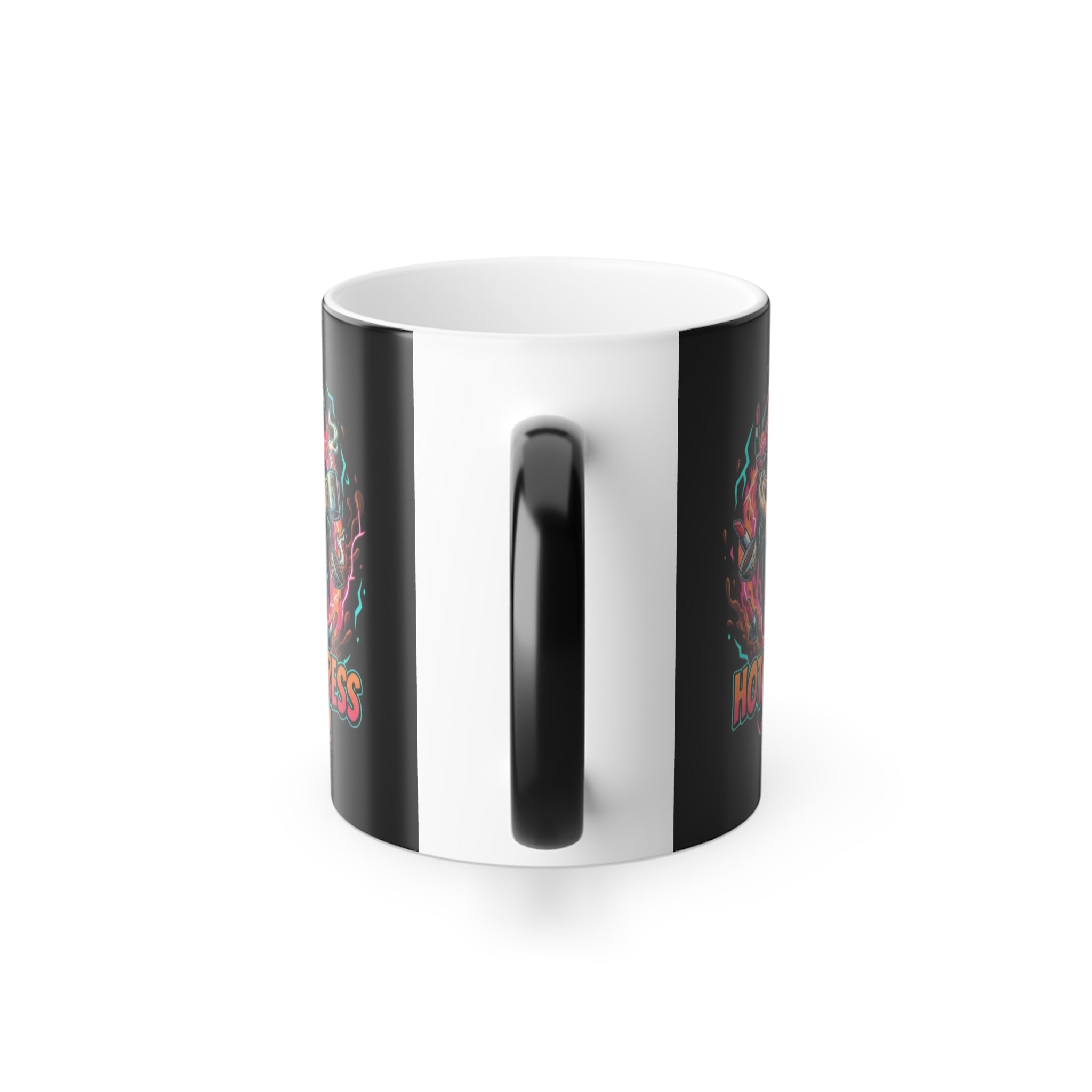 Mug with black handle and colorful design on a white background