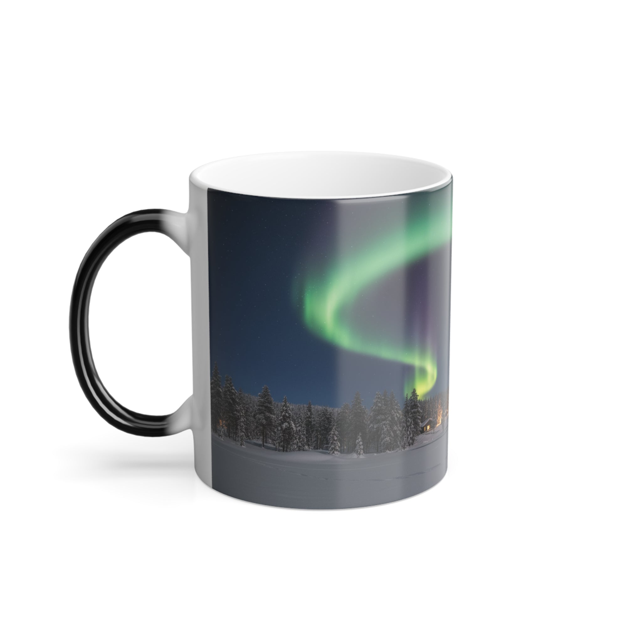 Side view of the Northern Lights mug showing the artwork near the handle.
