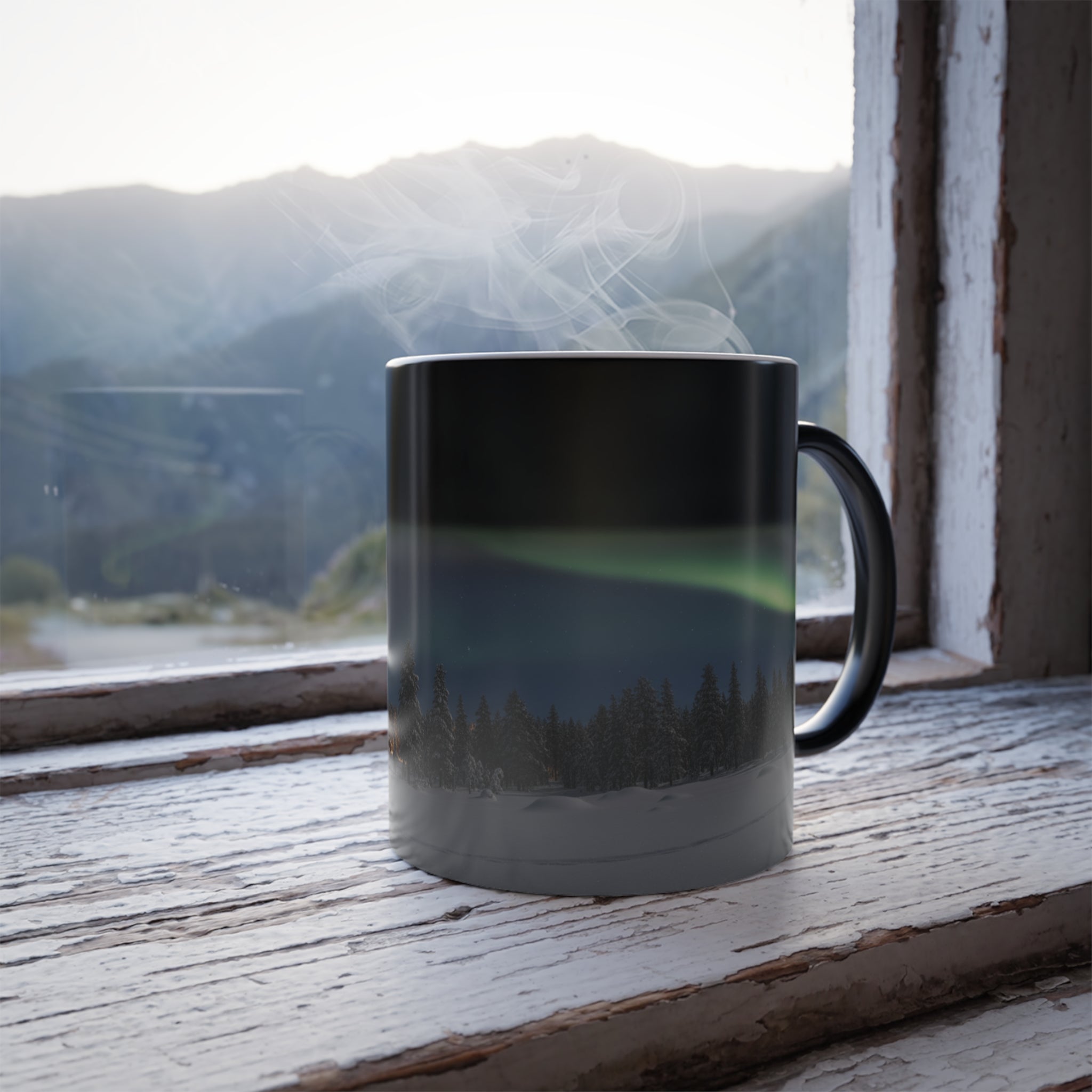 Coffee cup in its cold, black state in an office or desk setting.