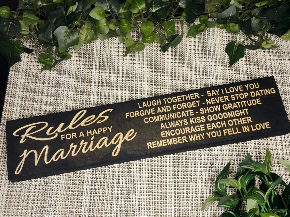 Rules for a Happy Marriage wooden sign with marriage tips and love reminders