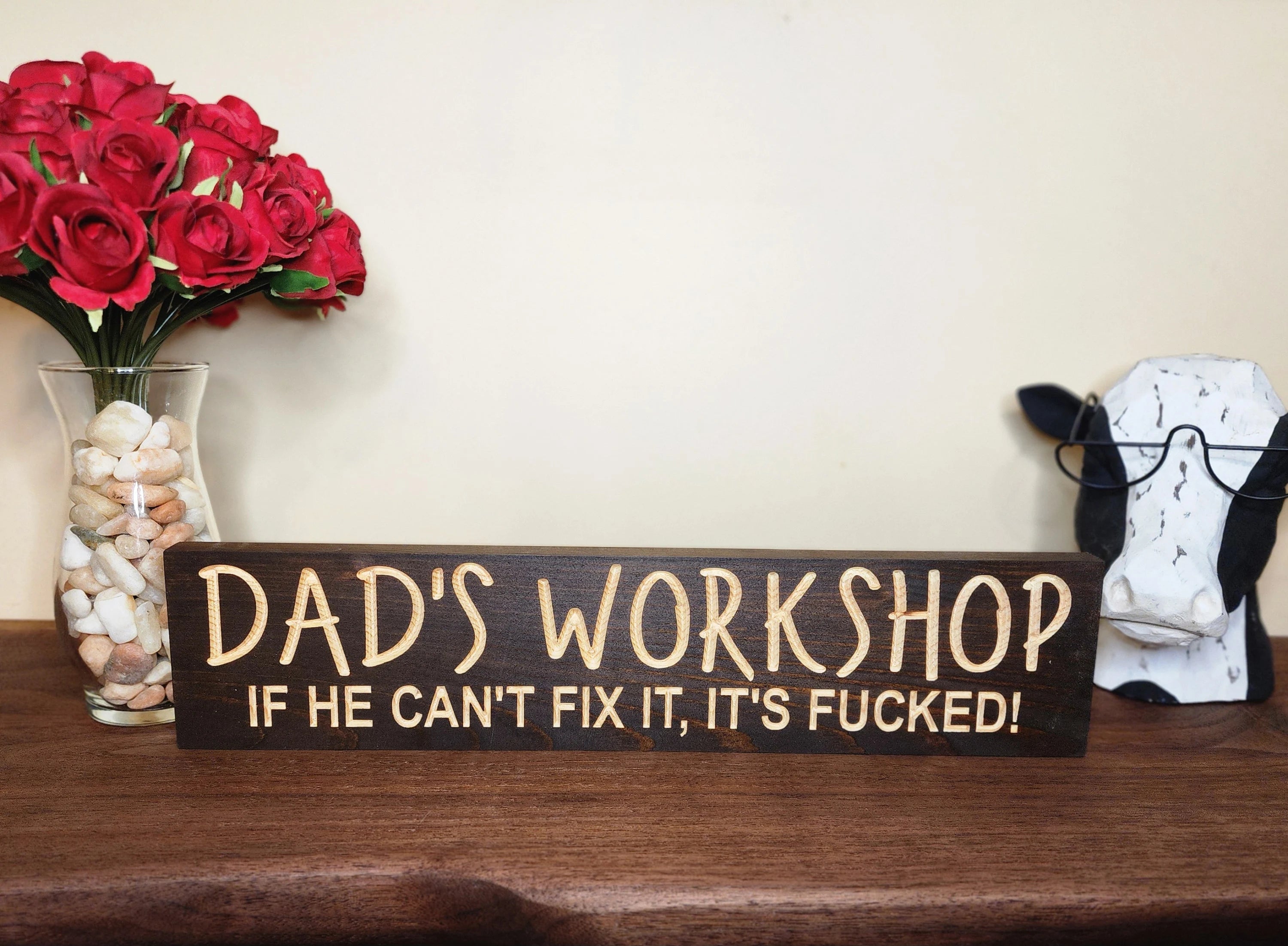 Rustic dad workshop sign for handyman humor and personalized Father’s Day gifts.