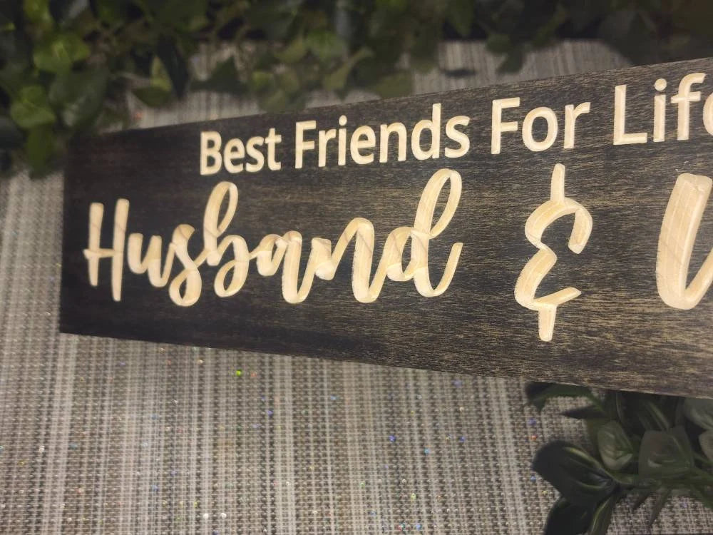 Rustic husband and wife wooden sign used as wedding decor and a keepsake gift.