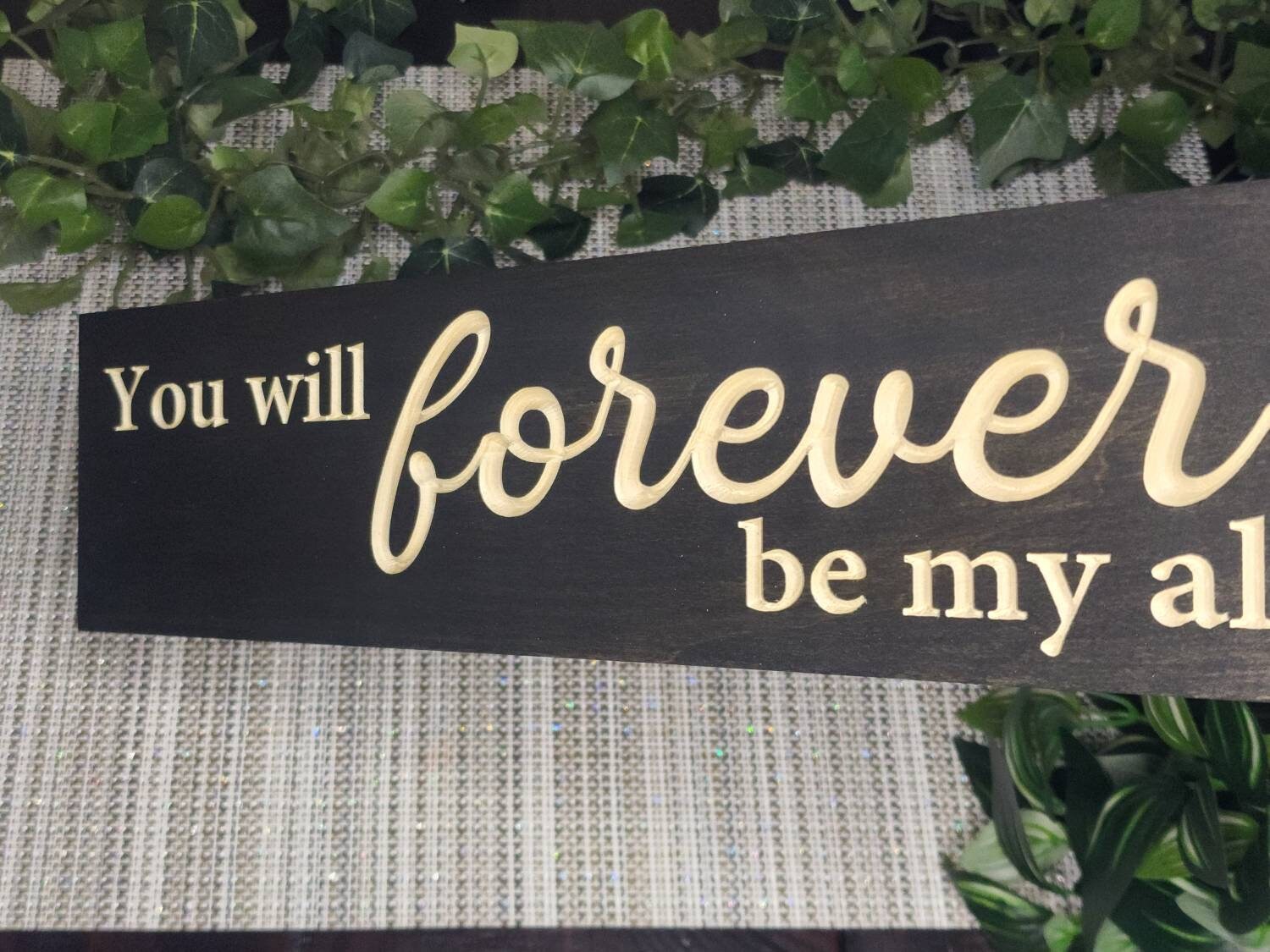 Sentimental wedding gift decor with personalized romantic wooden sign.