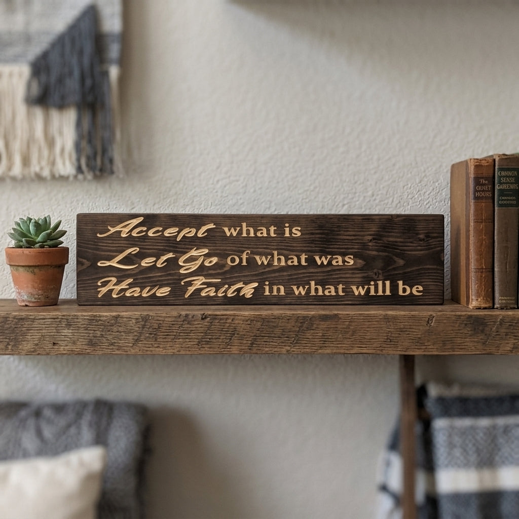 A dark wood Accept What Is Let Go of What Was Sign sits on a rustic shelf next to a small plant and books from Bluegrass Gifts
