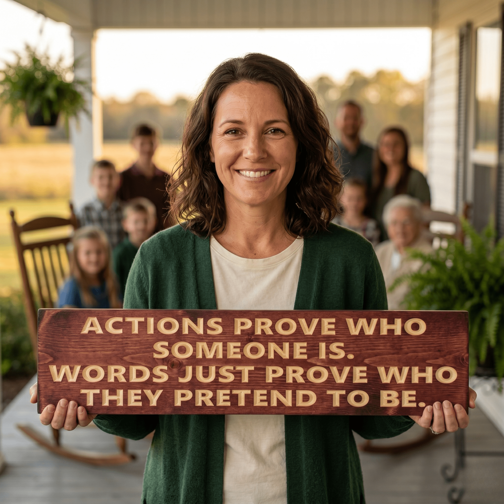 Smiling woman holding the "Actions Prove Who Someone Is, Words Just Prove Who They Pretend to Be" CNC carved wood sign on a Southern porch with three generations of family behind her — a meaningful integrity gift handmade in Kentucky.
