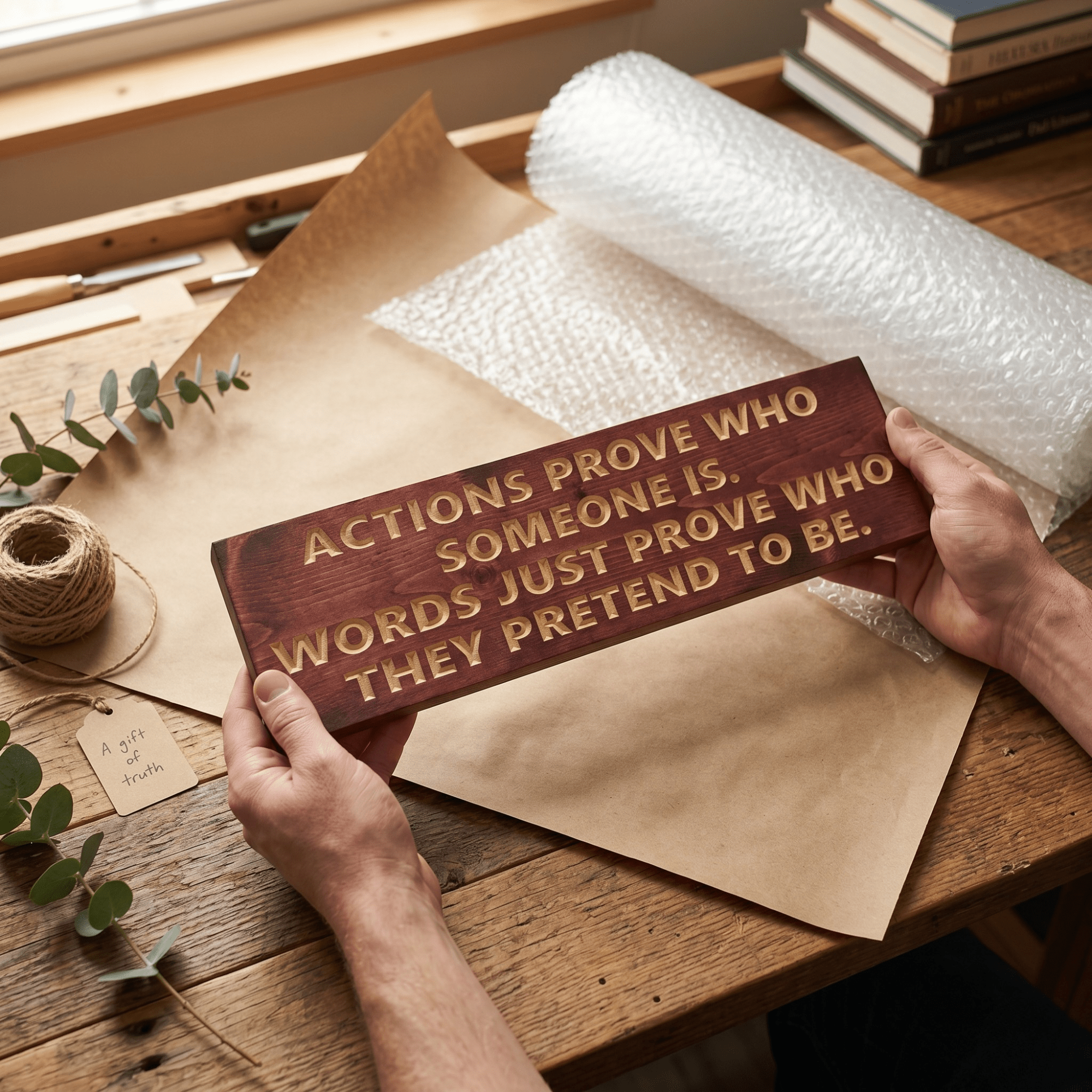 Motivational integrity wood sign being carefully wrapped in kraft paper with bubble wrap, twine, eucalyptus, and a handwritten gift tag — handmade meaningful gift packaging from Bluegrass Gifts.