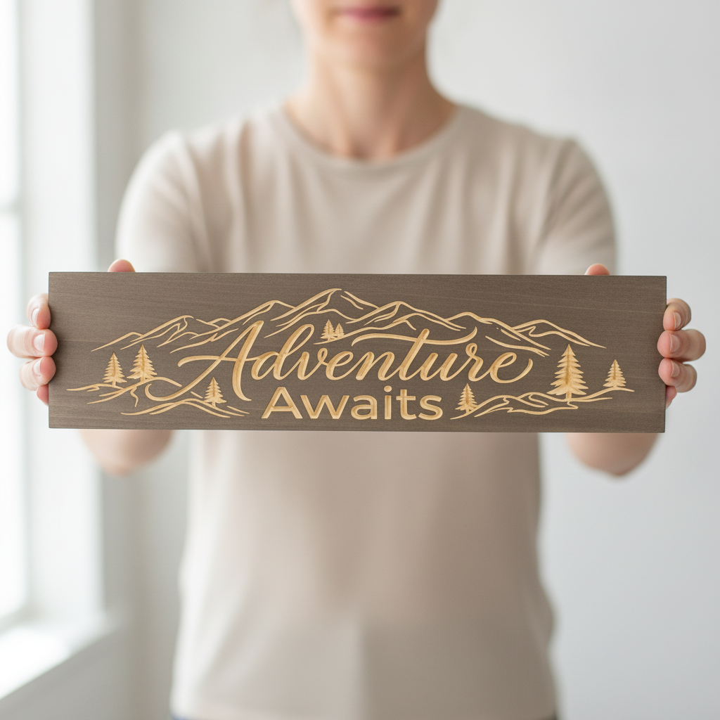 Travel Wall Decor — Adventure Awaits Carved Wood Sign — shown to scale, held — Bluegrass Gifts
