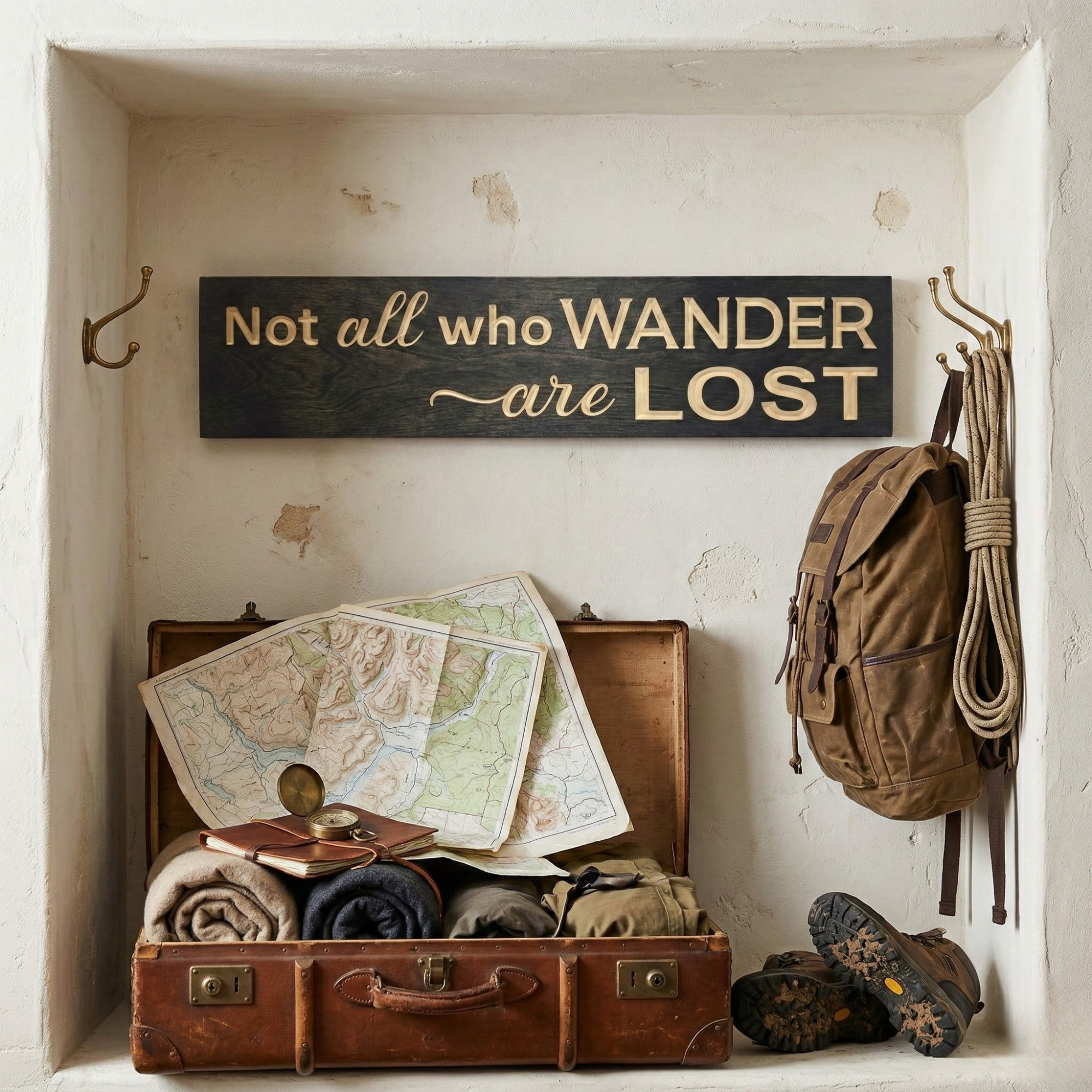 A rustic "Not all who wander are lost" sign displayed as wall decor above a traveler's suitcase with maps and a compass.