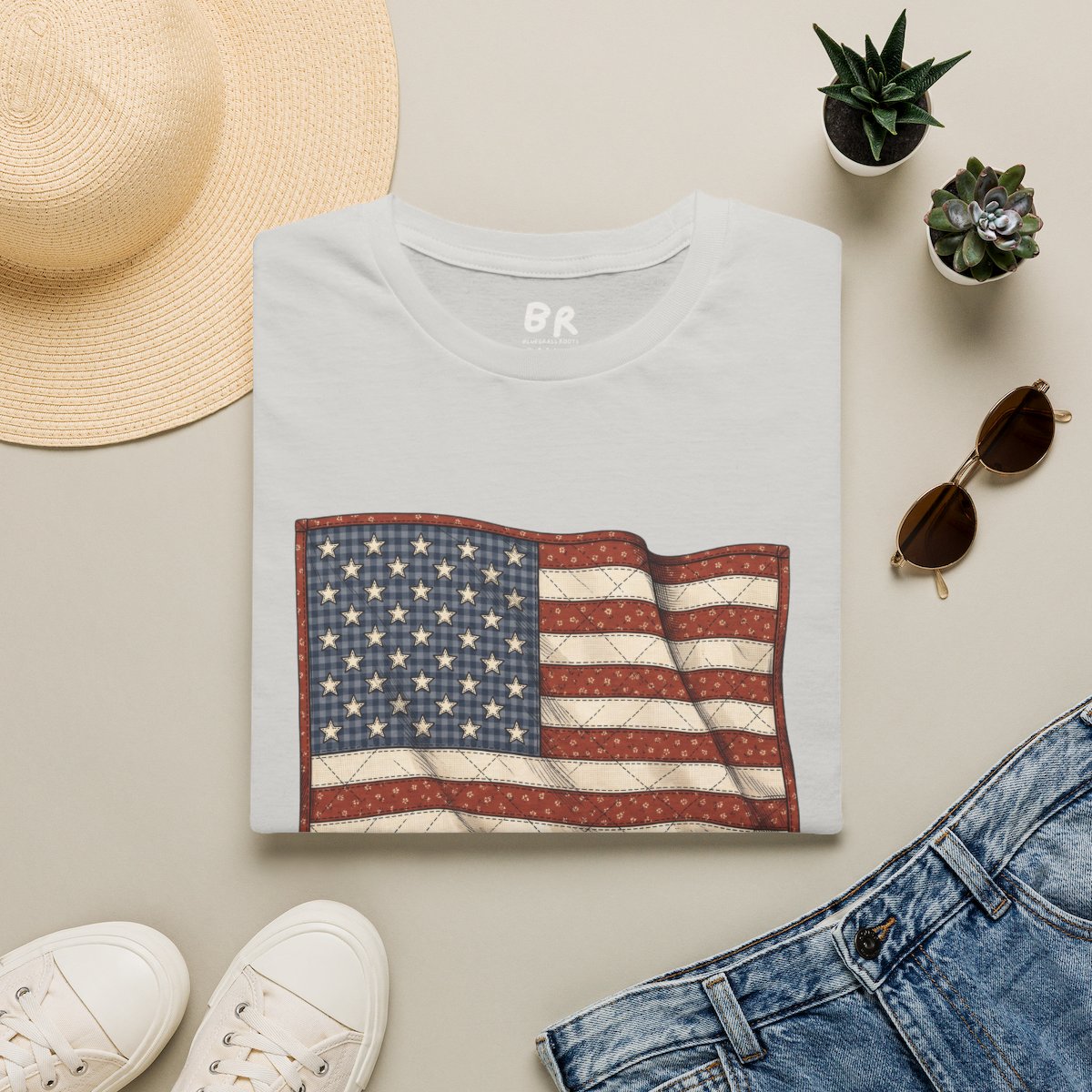 American Flag Shirt for Women — Quilted Heirloom Flag Tee in Ice Grey