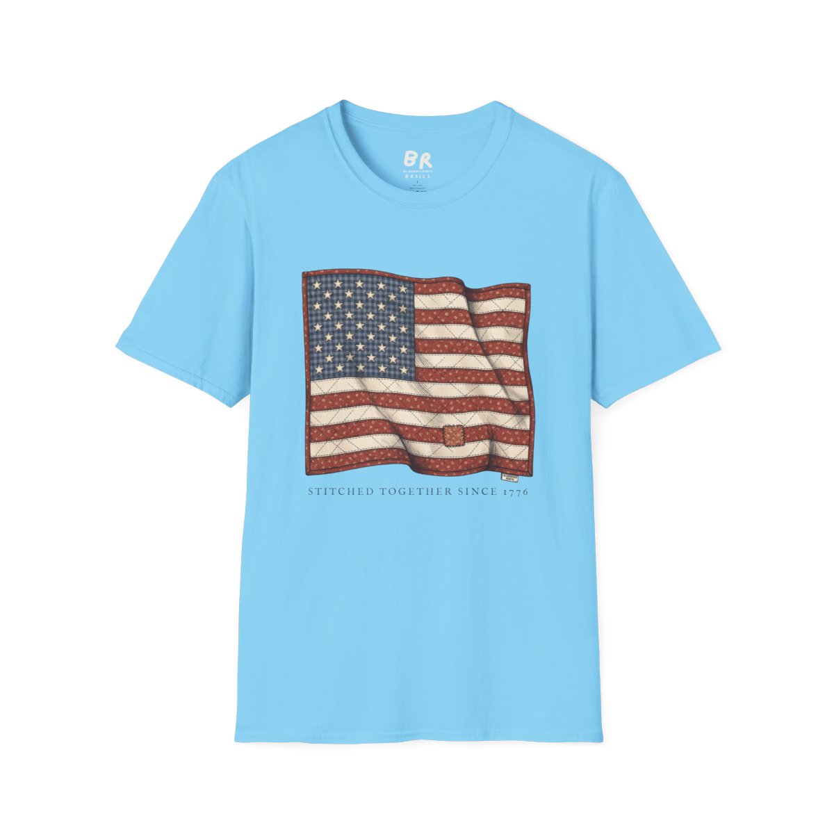 American Flag Shirt for Women — Quilted Heirloom Flag Tee in Sky