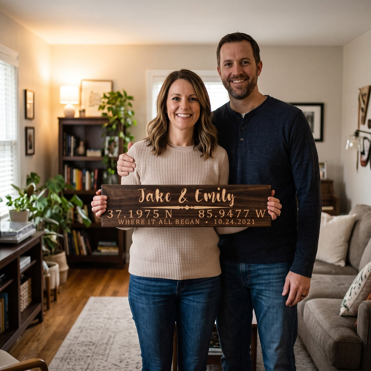 A smiling woman in her forties in her softly lit living room holds a personalized wood sign that reads Jake & Emily