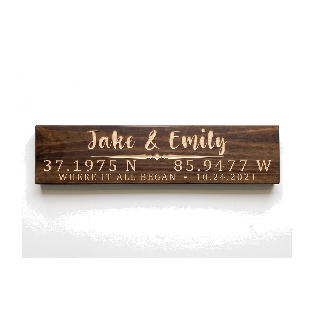 Personalized Jake & Emily sign carved into solid wood in a Dark Walnut finish, straight on, on a white background (studio photo)