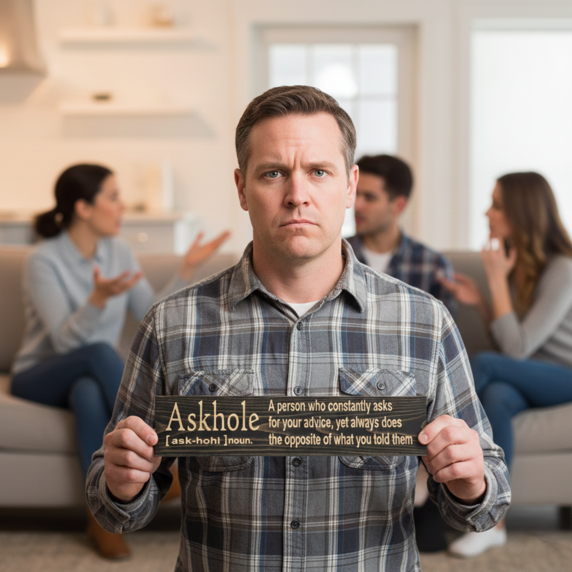 A man holding the Askhole definition wood sign in a relatable office environment.