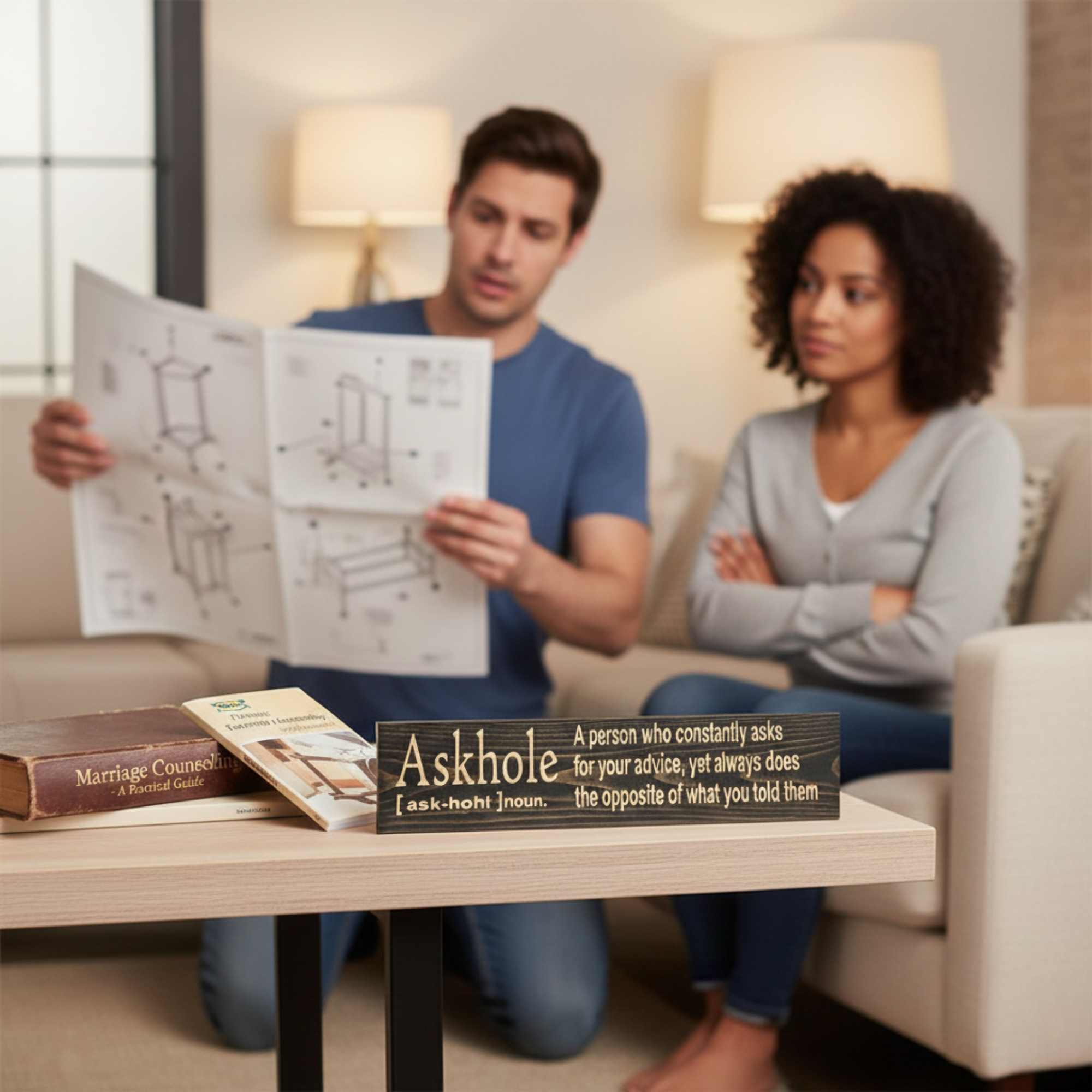 Humorous Askhole definition wood sign displayed on a coffee table near a couple assembling furniture.