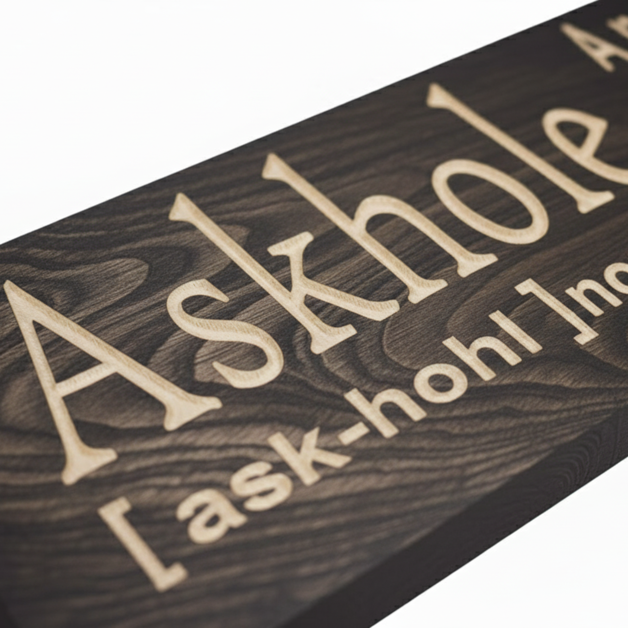 Close-up detail of the CNC V-carved lettering on the Askhole definition solid wood sign.