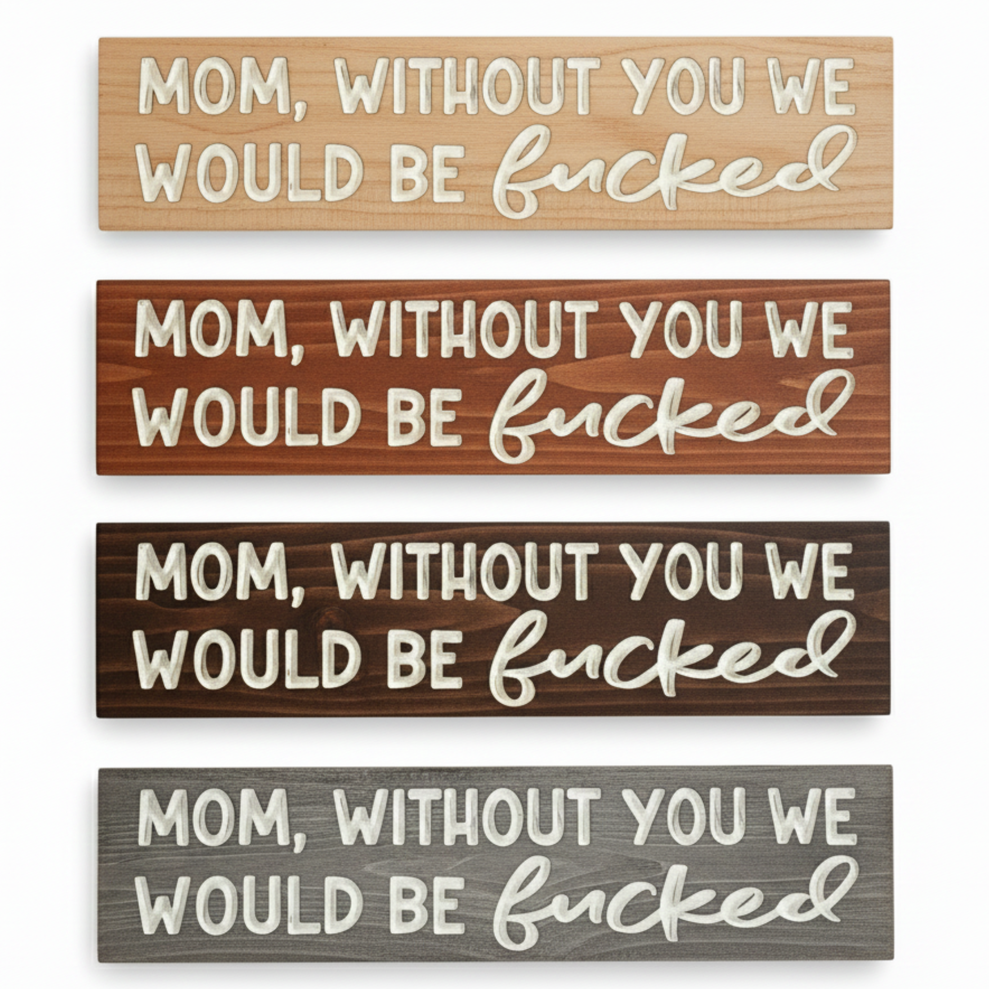 A comparison of four different wood stain finishes including maple, walnut, espresso, and grey for the Bluegrass Gifts carved mom sign.