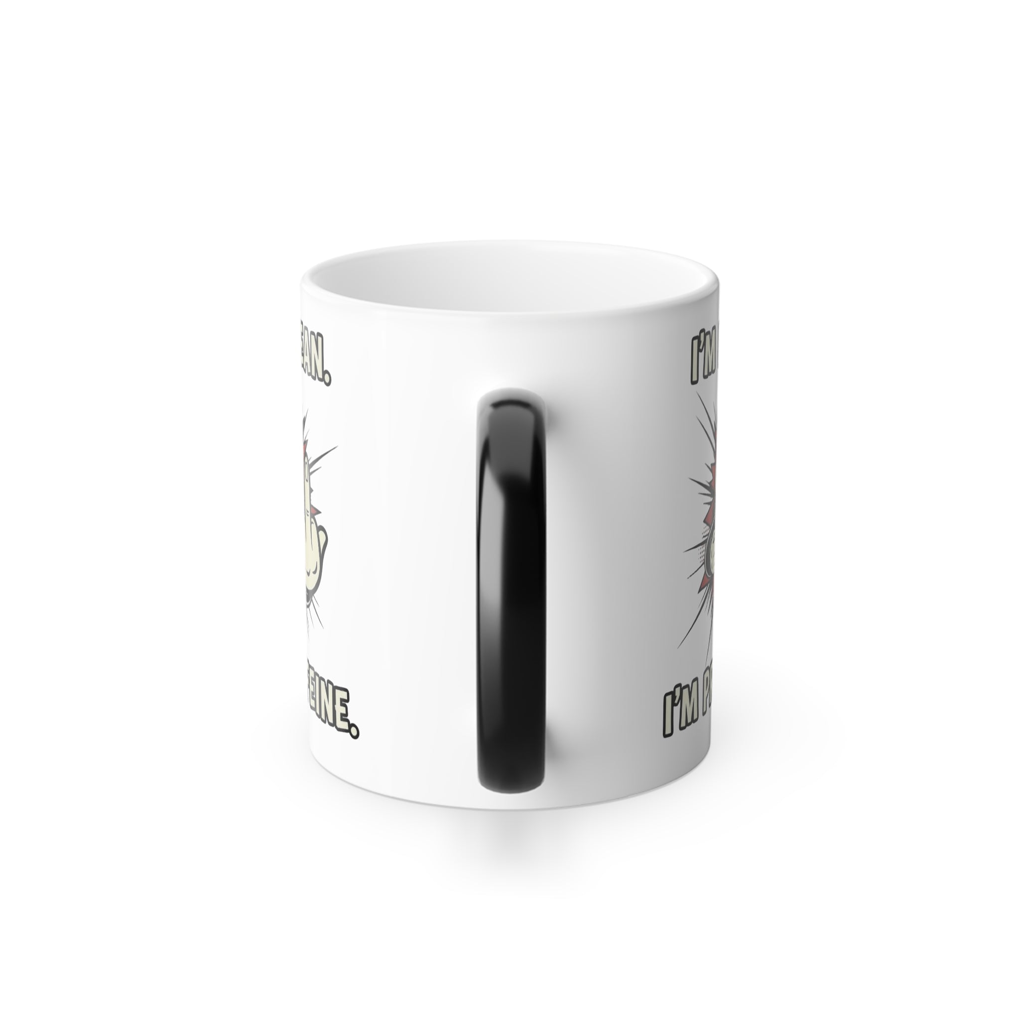 Back view of the ceramic mug, showing the black handle and the revealed white surface.