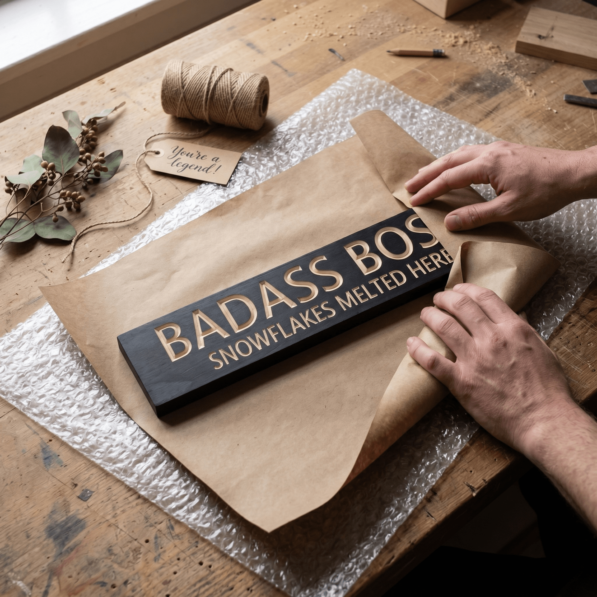 Hands wrapping a Badass Boss wood sign in kraft paper for a Boss's Day gift.