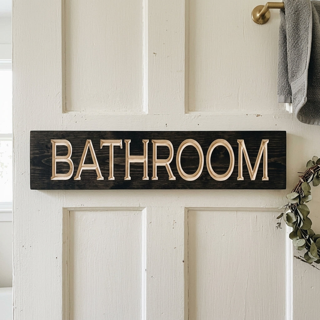 Bathroom Wooden Sign — Carved Farmhouse Bath Door Decor
