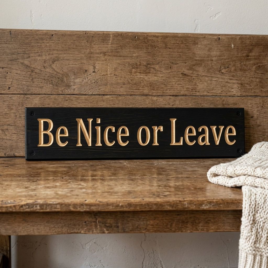 Be Nice or Leave Sign — Funny Carved Wood Entryway Rule