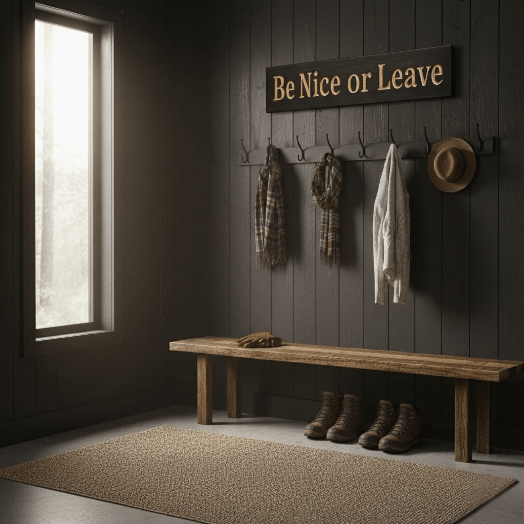 be-nice-or-leave-sign-dark-walnut-angled-view - be nice or leave wood sign by Bluegrass Gifts, handmade in Kentucky