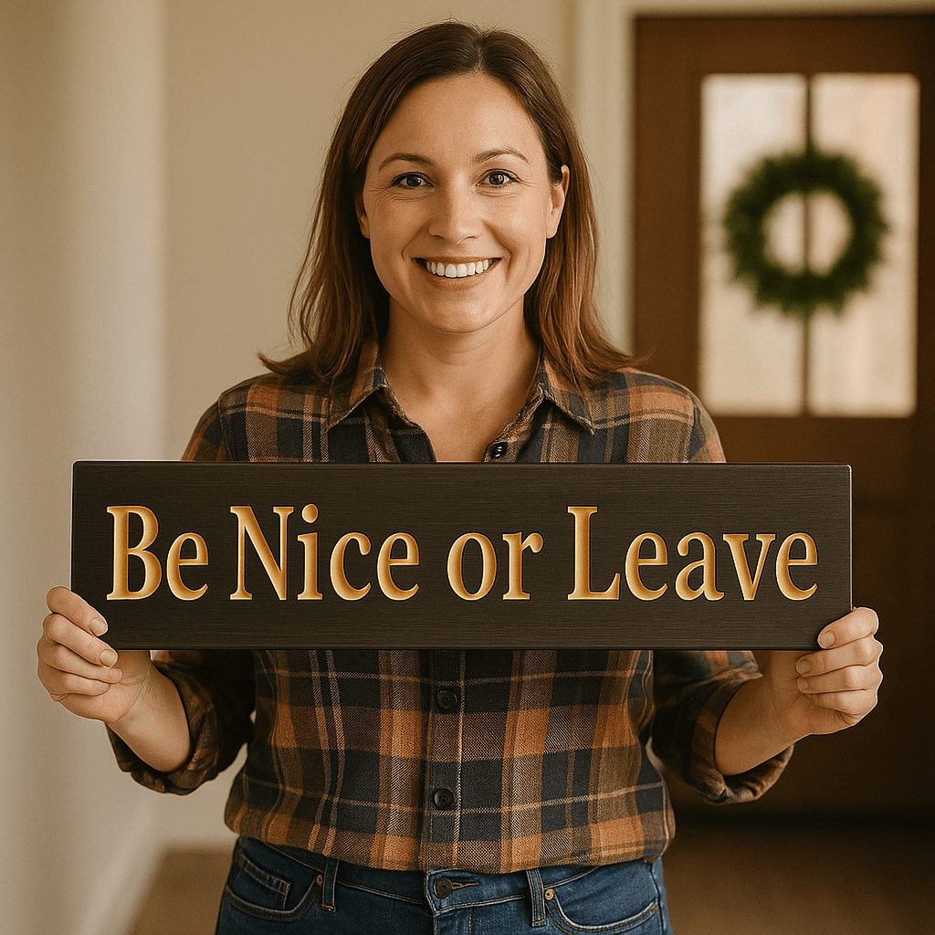 be-nice-or-leave-wood-sign-color-options-brown-red - be nice or leave wood sign by Bluegrass Gifts, handmade in Kentucky