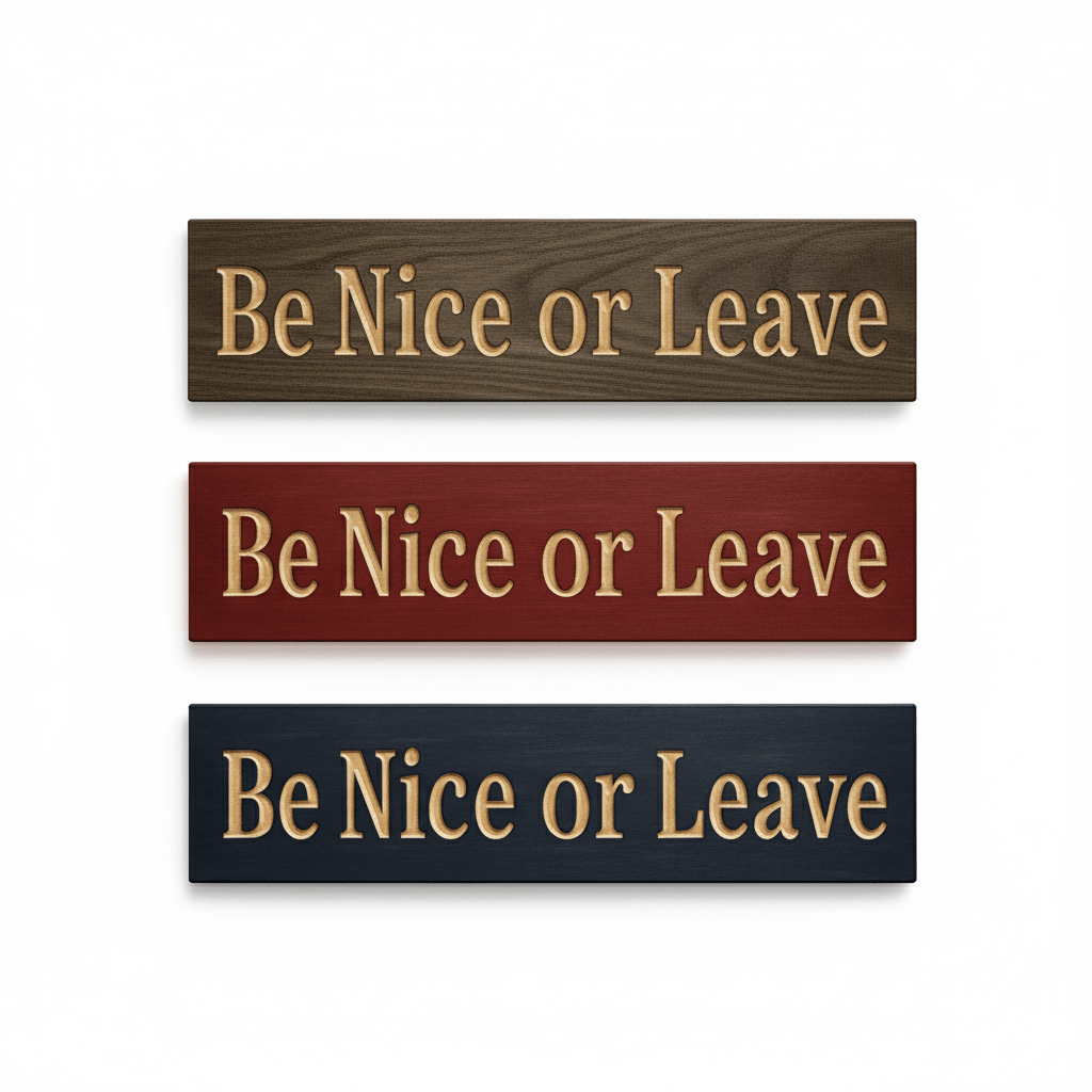 woman-holding-be-nice-or-leave-sign-handmade-usa - be nice or leave wood sign by Bluegrass Gifts, handmade in Kentucky