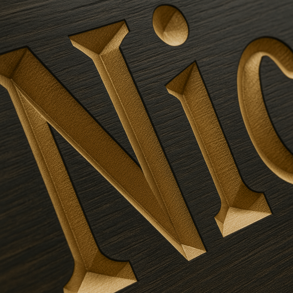 Close-up of “Be Nice or Leave” CNC-carved wood sign showing V-carve texture and engraved lettering detail